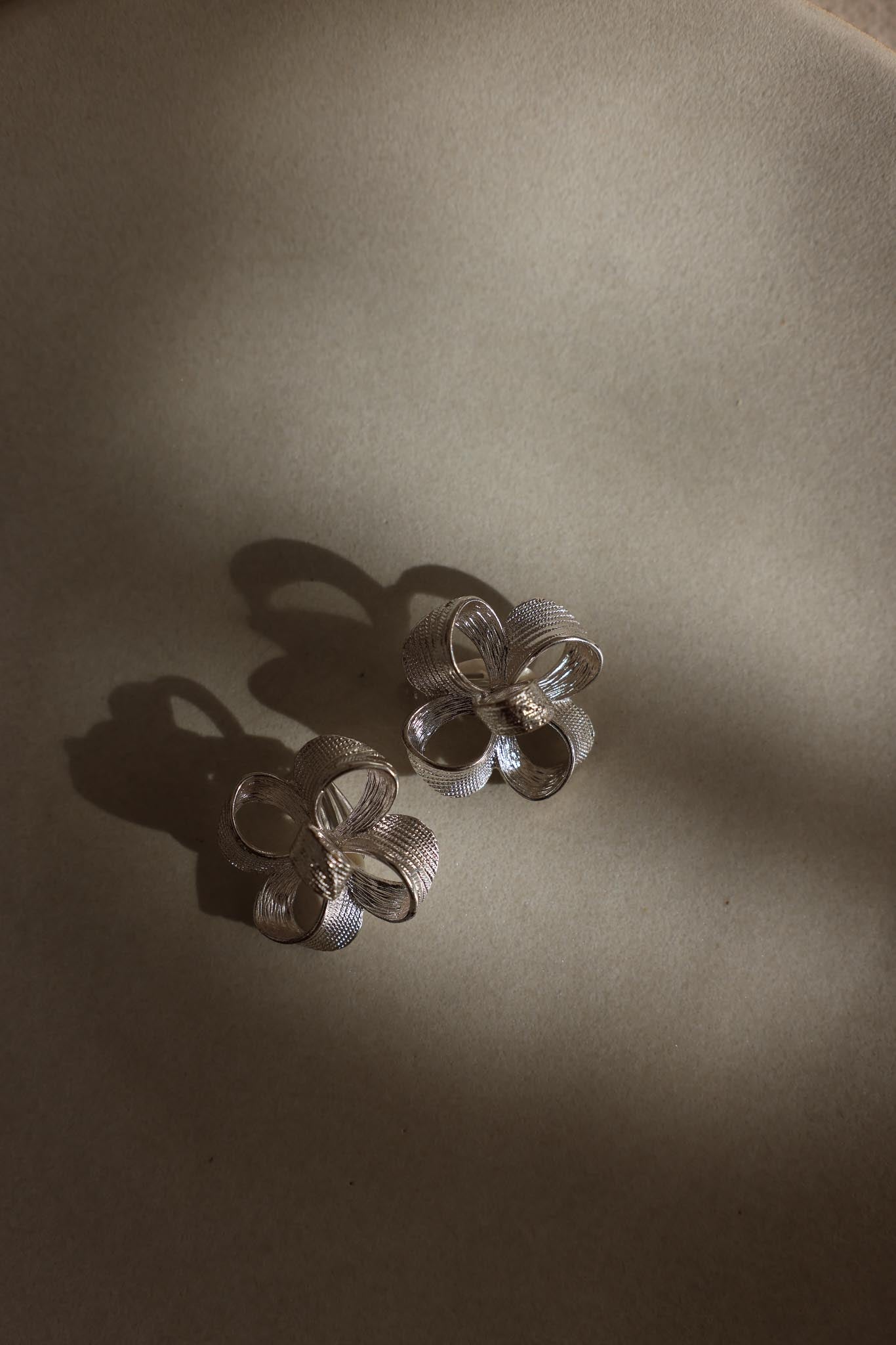 Silver-Tone Ribbon Flower Clip-On Earrings