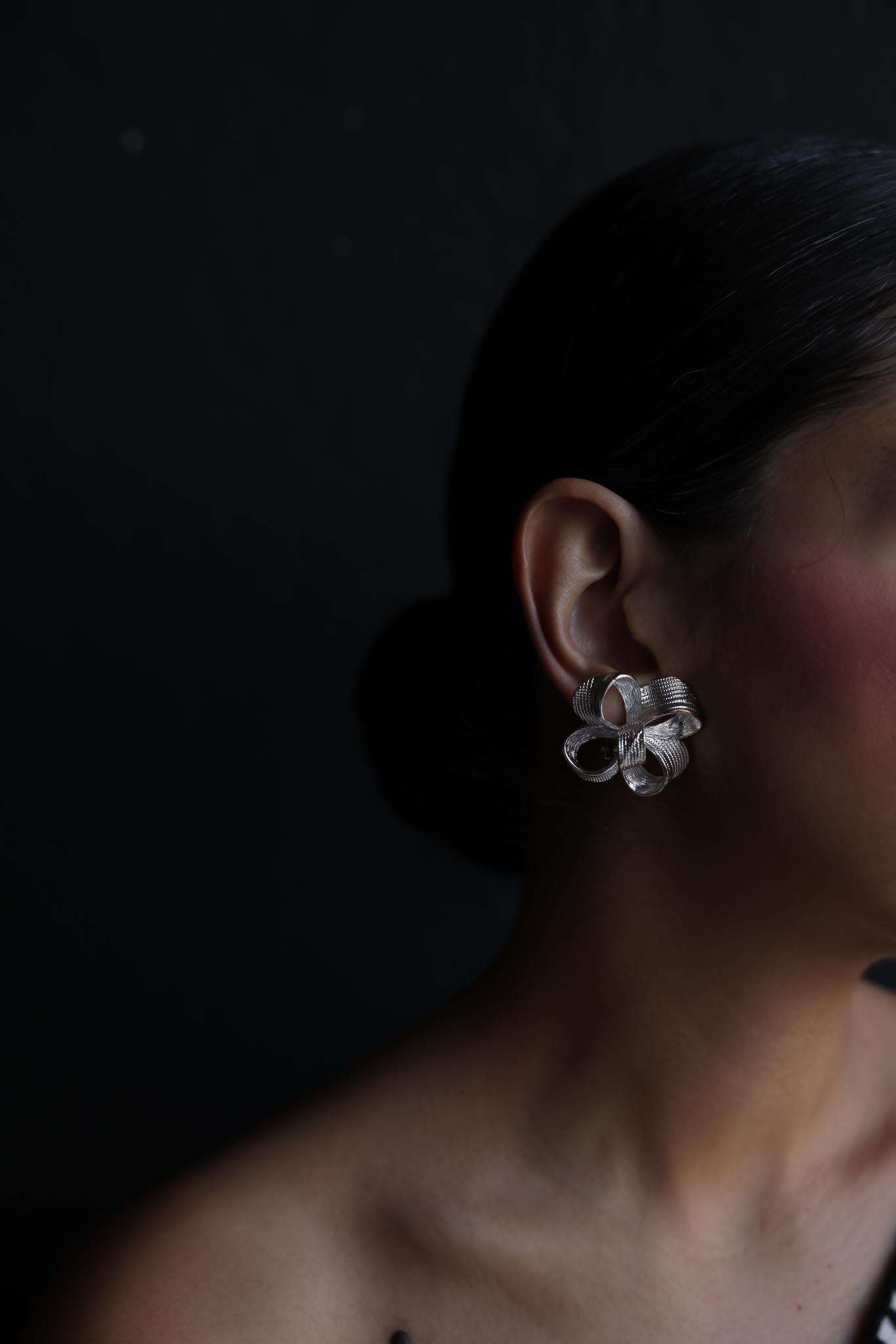 Silver-Tone Ribbon Flower Clip-On Earrings