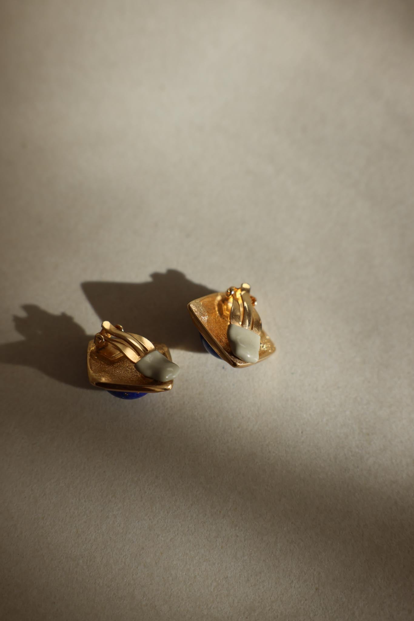 Gold-Tone Blue Glass Cabochon Clip-On Earrings with Rhinestone Accents