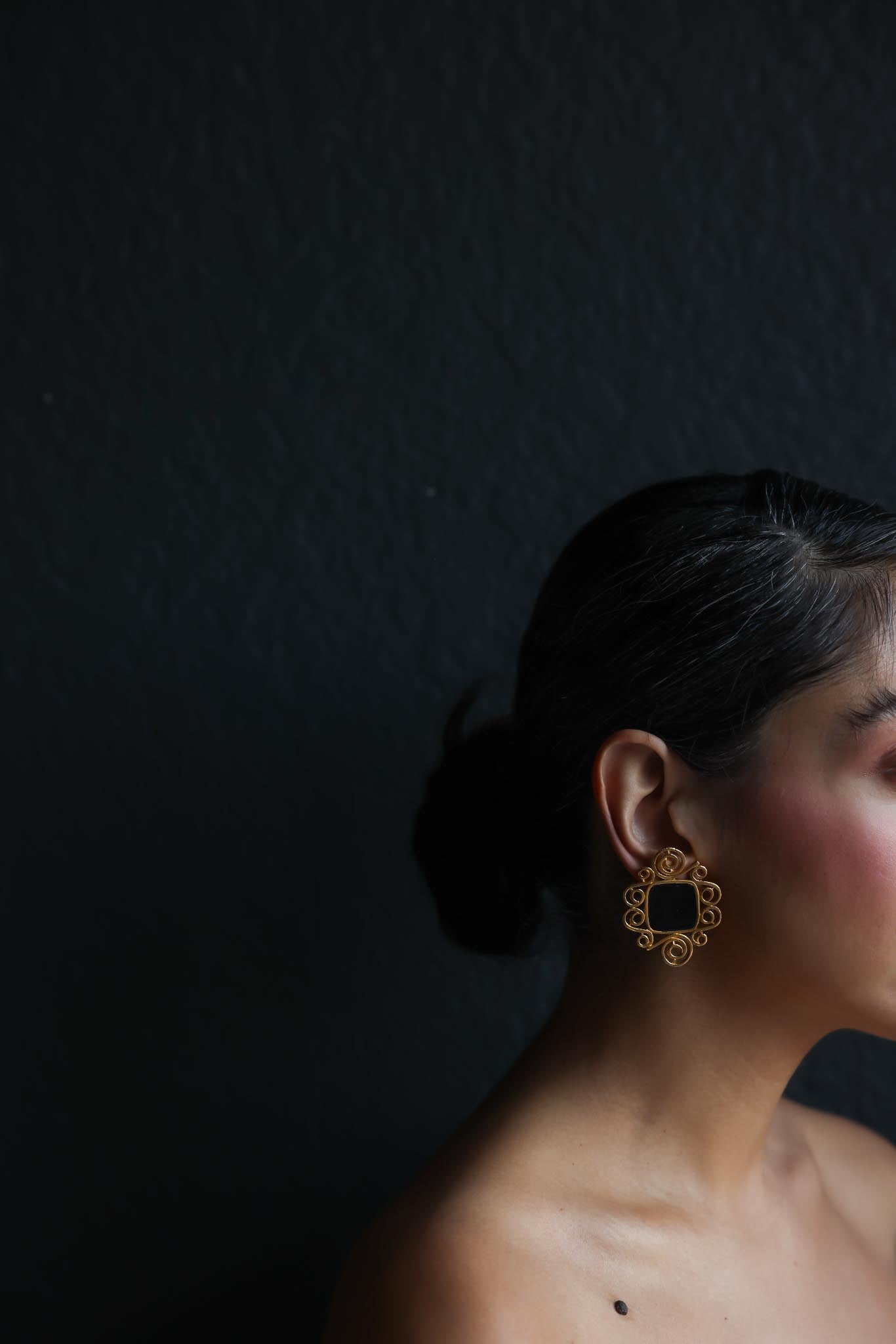 Gold-Tone Scroll Clip-On Earrings with Black Centers