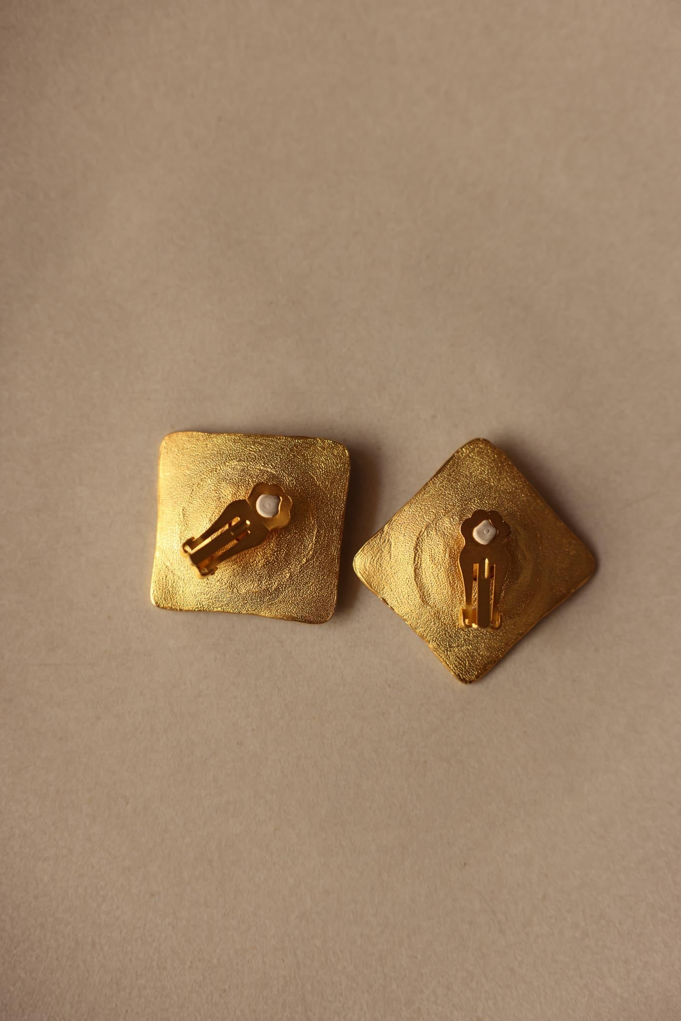 Sculpted Gold Clip-On Earrings with Crystal Centers|Vintage Baazaar