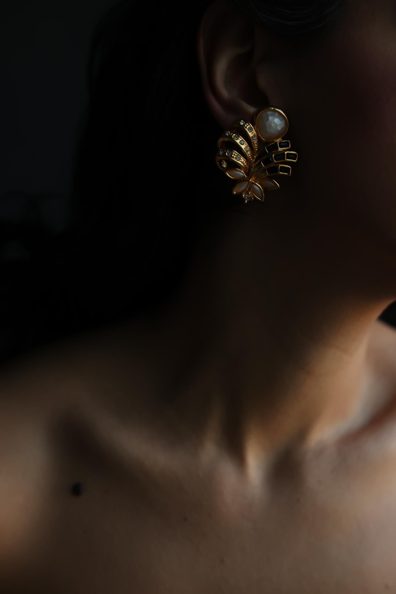 Gold Tone Black Enamel and Pearly Cabochon Clip-On Earrings