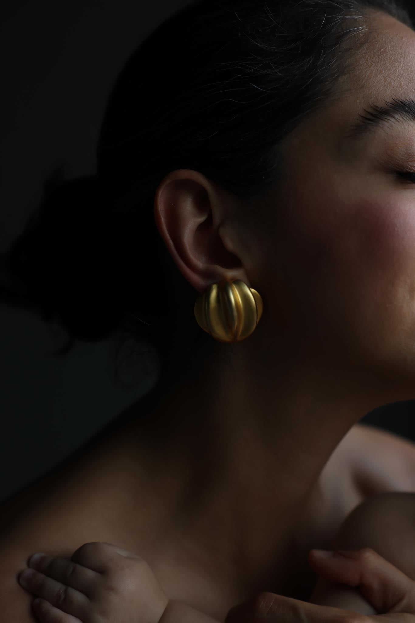 1980's Oversized Chunky Matte Gold Clip-On Earrings by Clara Studio