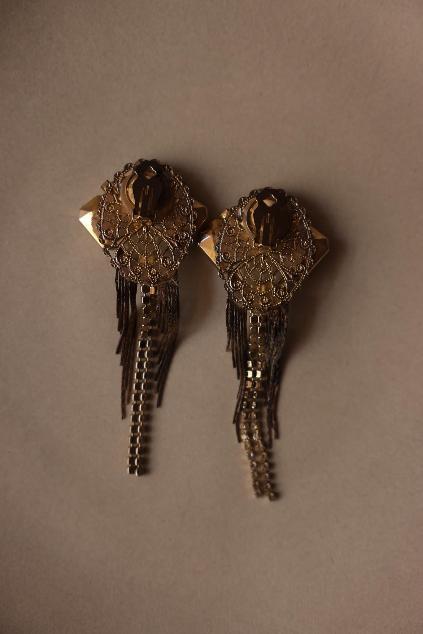 Crystal Cascade Clip-On Earrings with Rhinestone Fringe|Vintage Baazaar