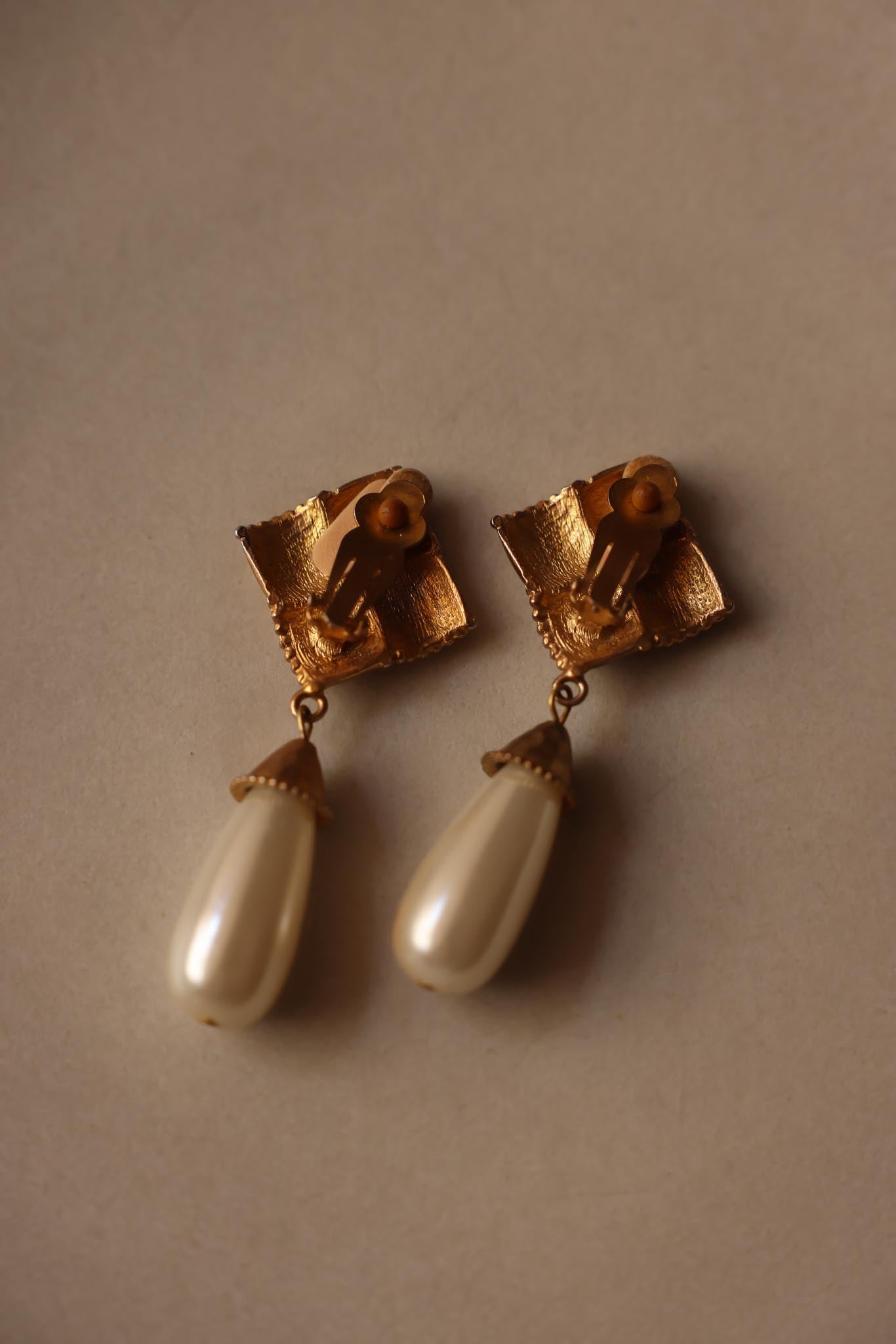 Brushed Gold Clip-On Earrings with Teardrop Faux Pearls|Vintage Baazaar