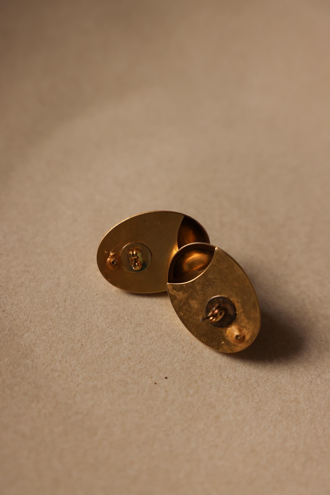 Matte Gold Oval Earrings with Green Cabochon Centers