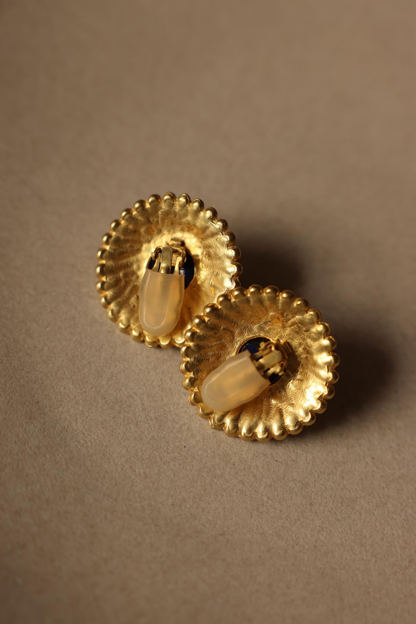 Matte Gold Beaded Earrings with Blue Cabochon Centers
