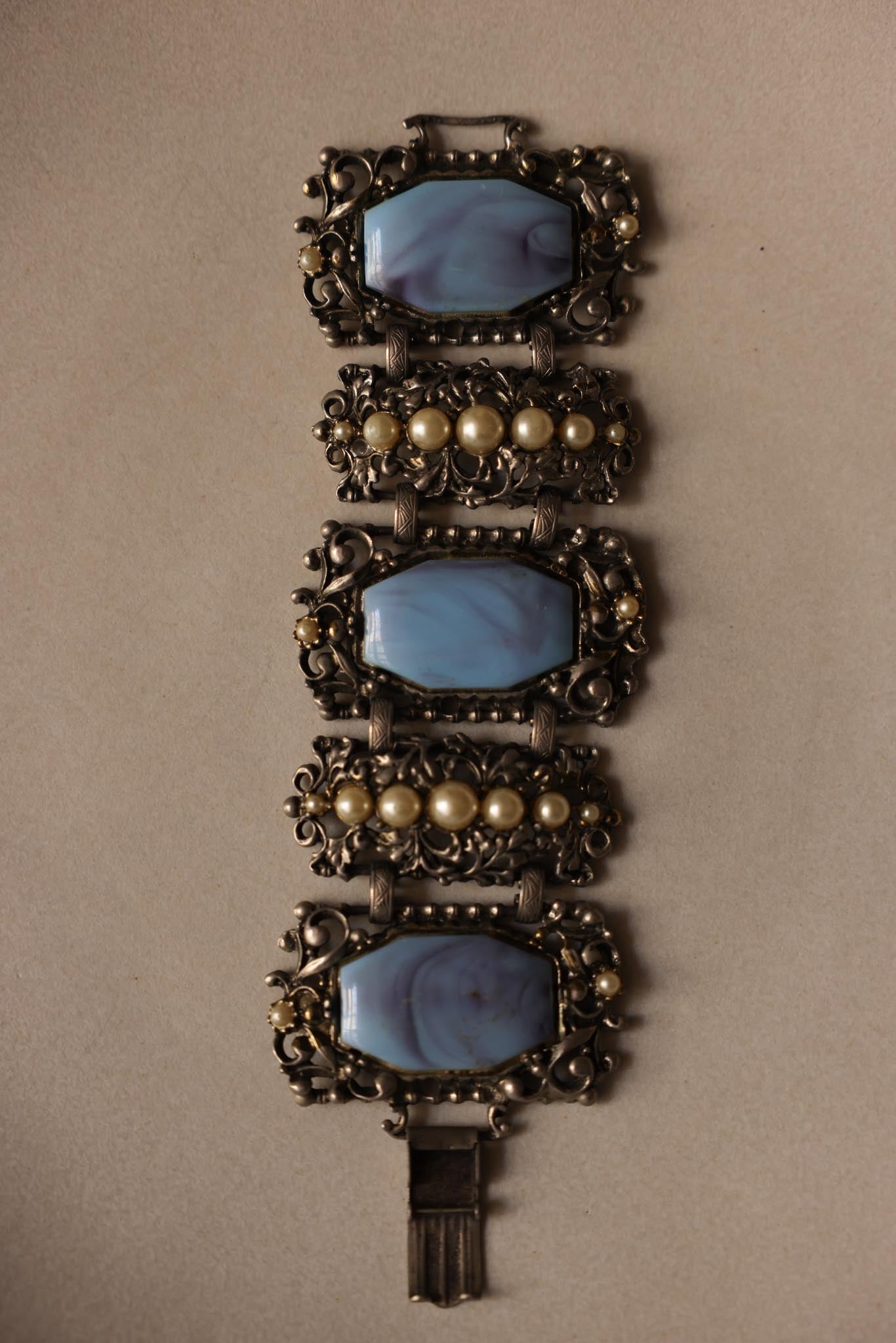 Ornate Silver Bracelet with Faux Pearls and Light Blue Cabochons