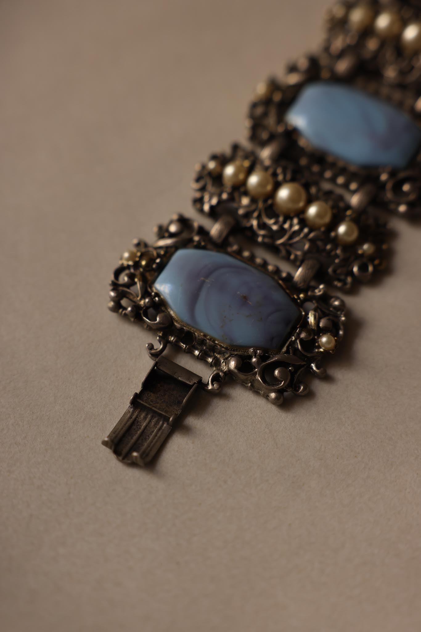 Ornate Silver Bracelet with Faux Pearls and Light Blue Cabochons