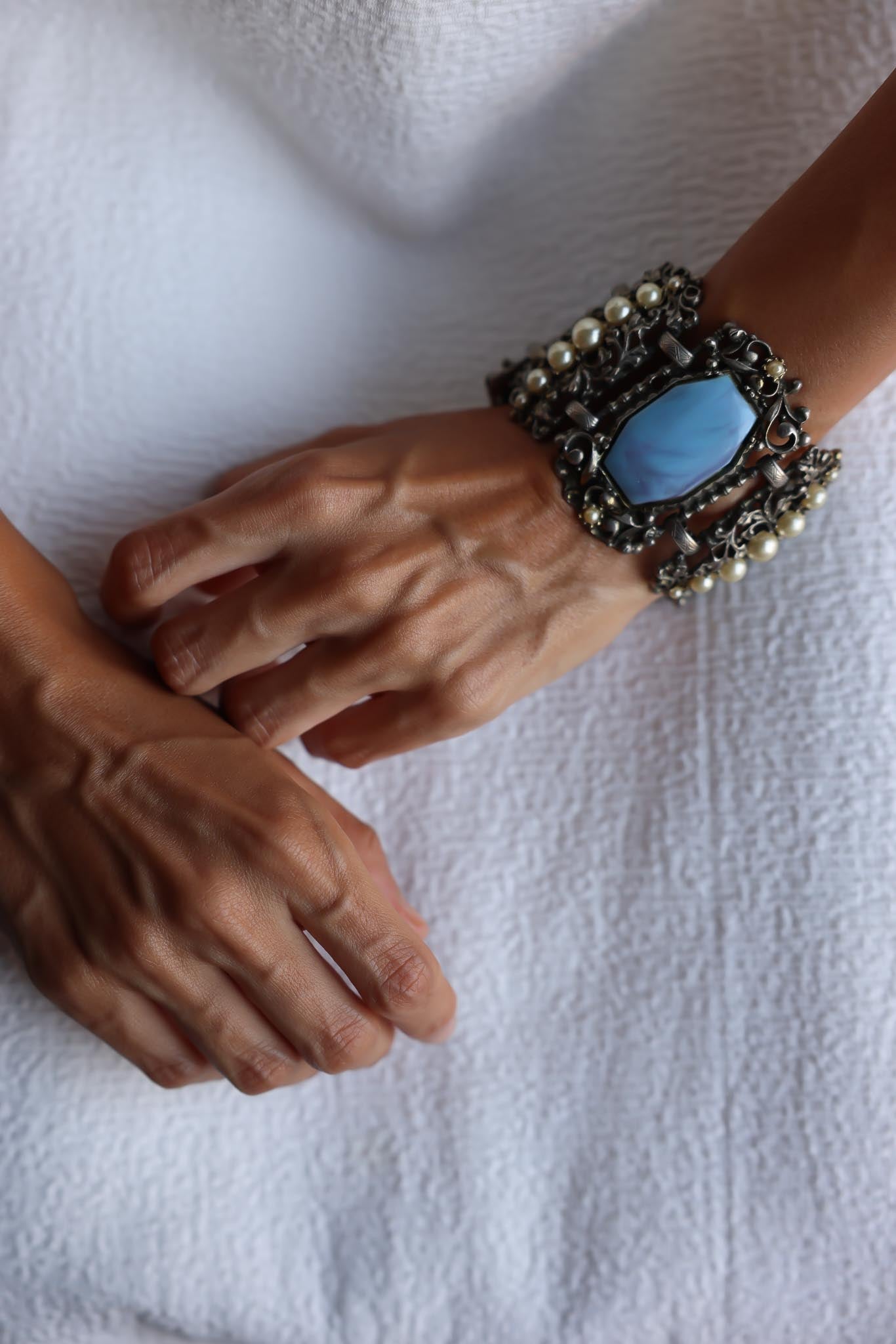 Ornate Silver Bracelet with Faux Pearls and Light Blue Cabochons