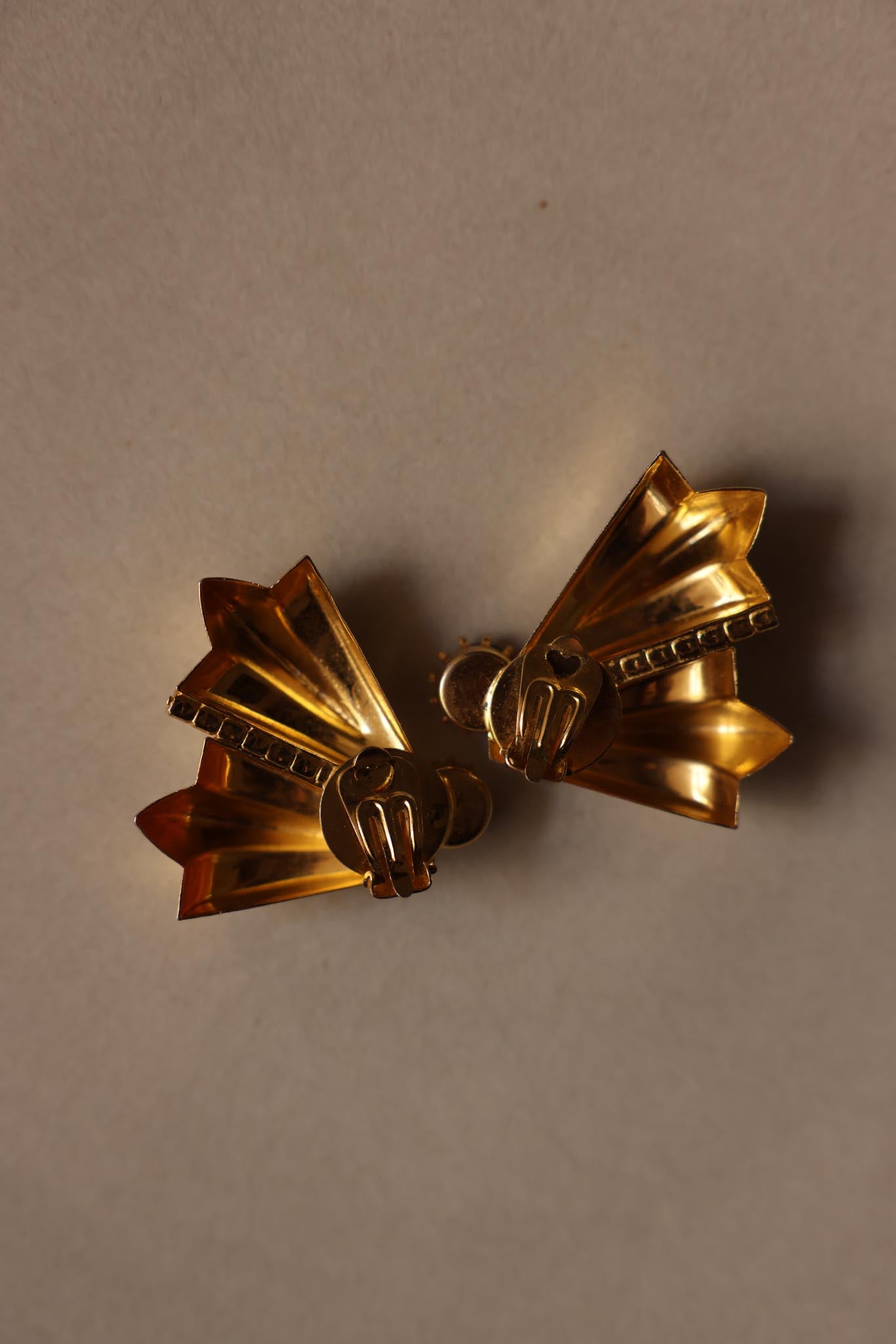 Gold Fan Clip-On Earrings with Rhinestones|Vintage Baazaar