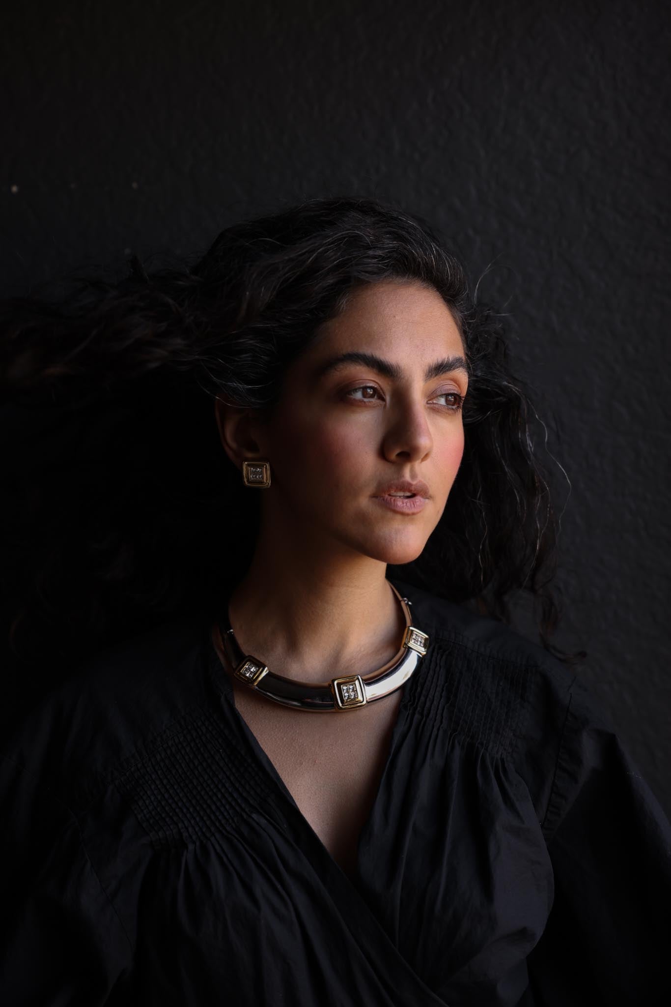 Two-Tone Geometric Necklace and Earrings Set with Rhinestones|Vintage Baazaar