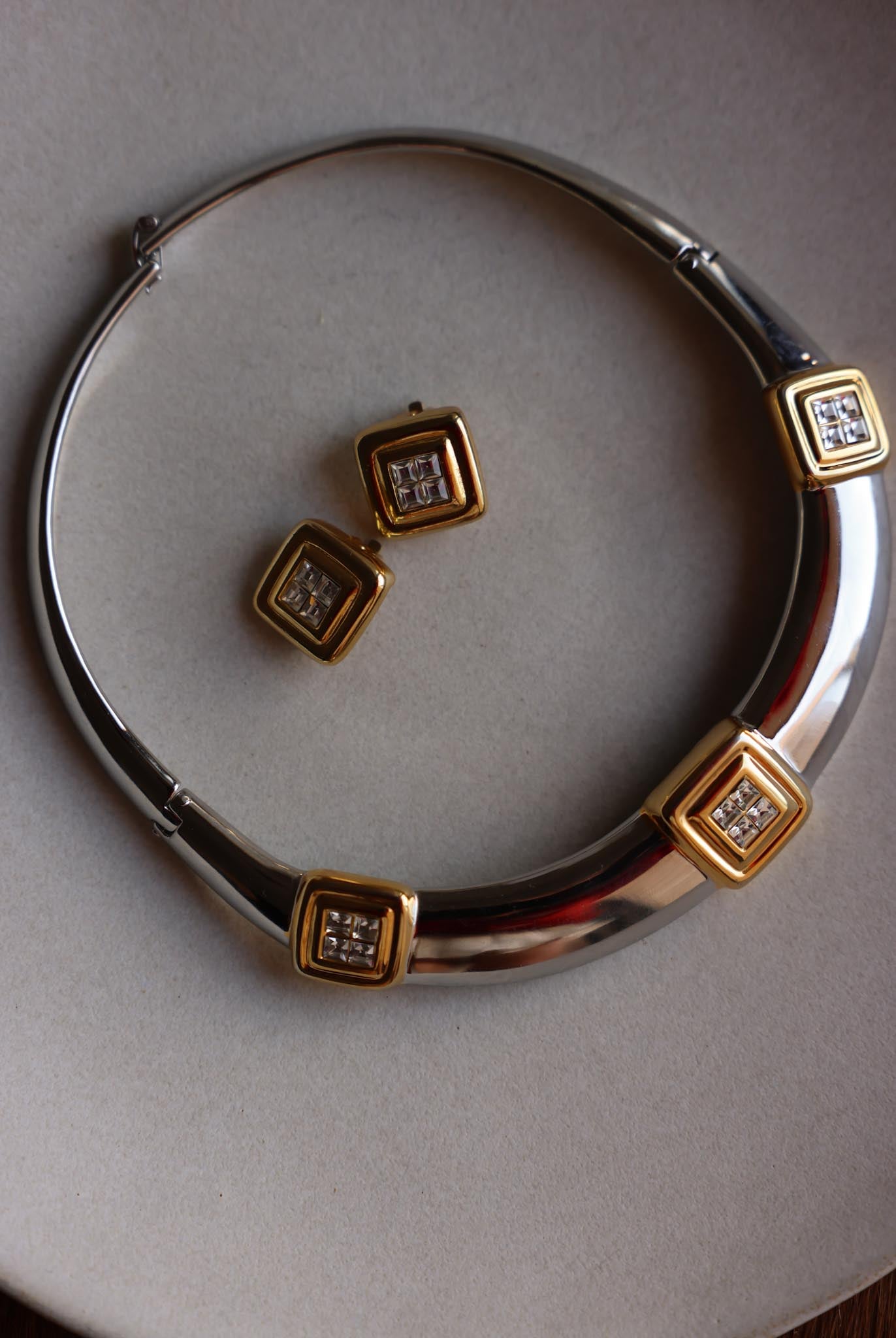 Two-Tone Geometric Necklace and Earrings Set with Rhinestones|Vintage Baazaar
