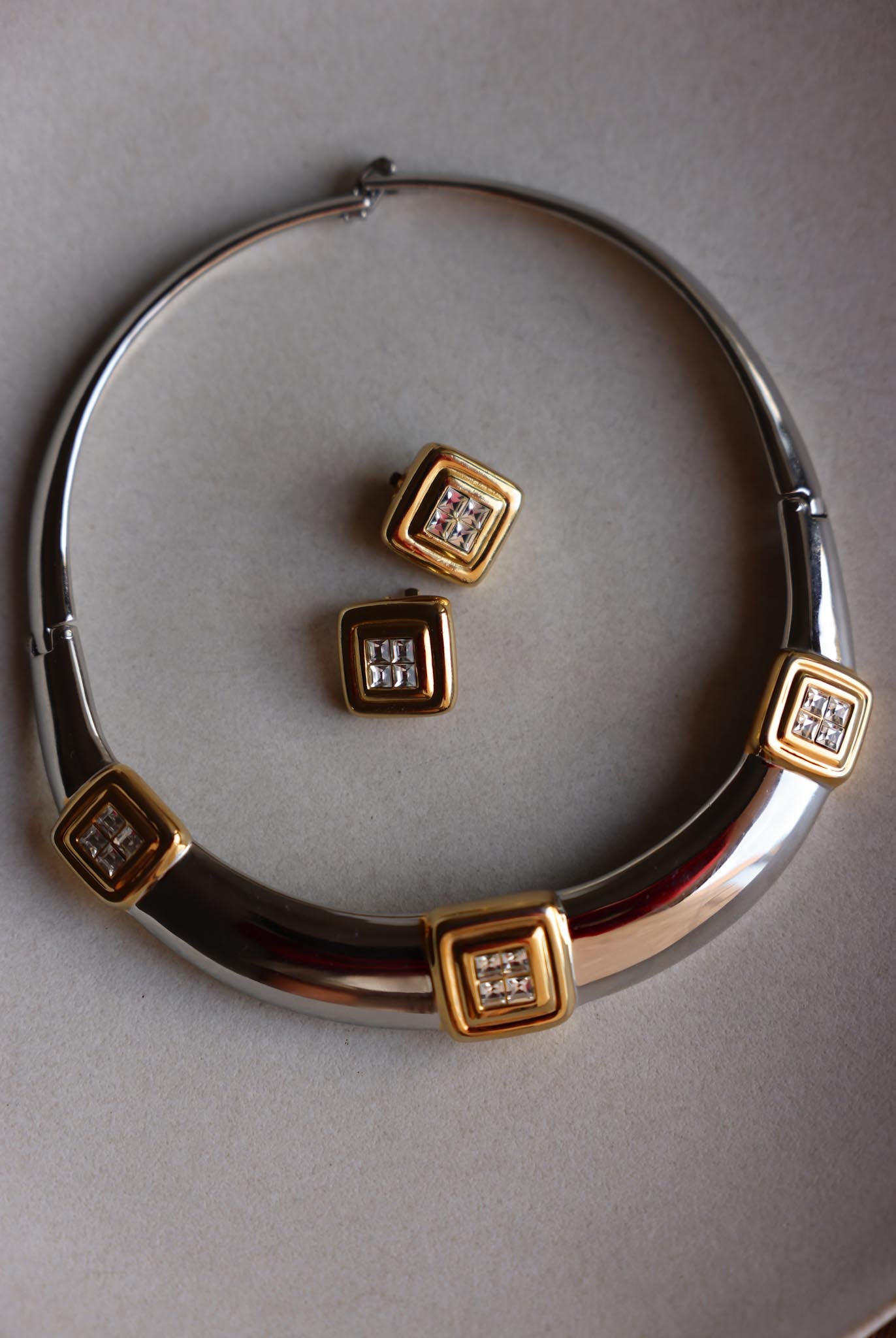 Two-Tone Geometric Necklace and Earrings Set with Rhinestones|Vintage Baazaar