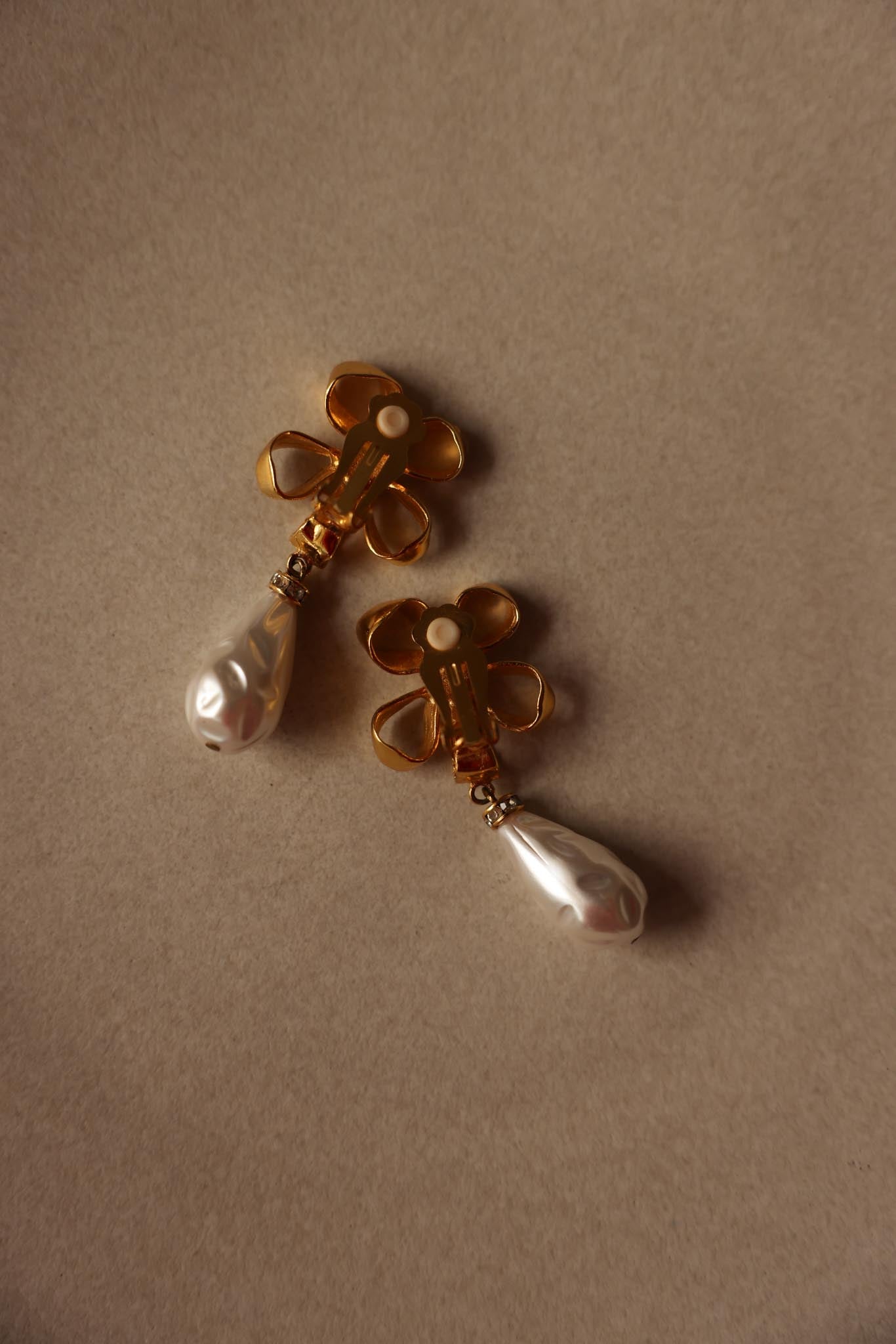 Floral Bow Clip-On Earrings with Faux Pearl Drops|Vintage Baazaar