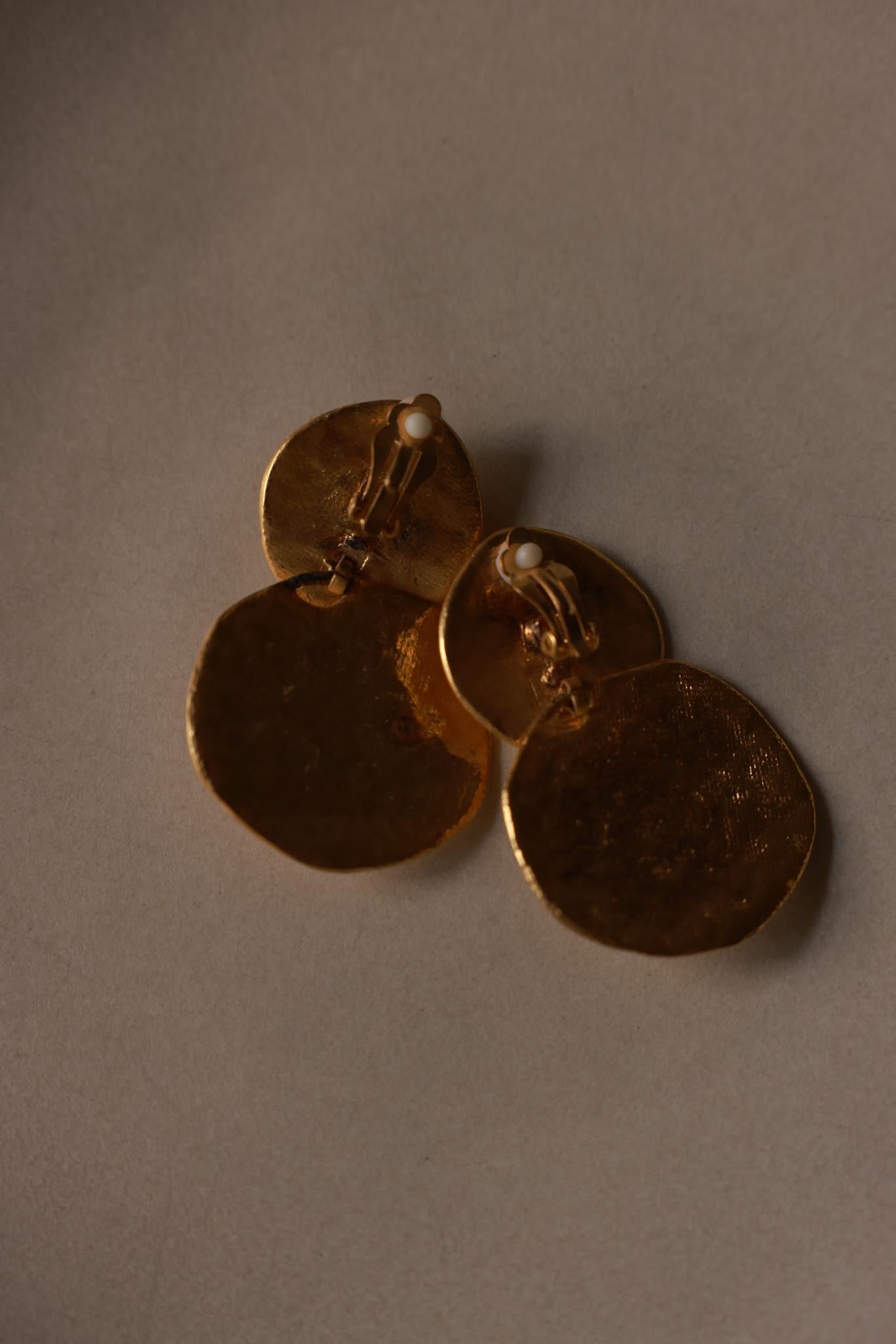Gold Tone Hammered Disc Clip-On Earrings with Faux Pearl Centers