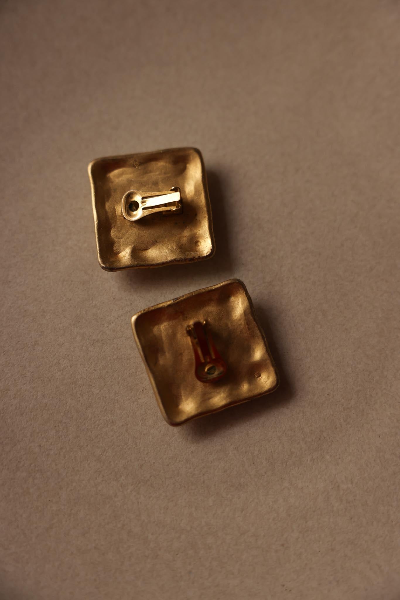 Square Matte Gold And Orange Cabochon Clip-On Earrings