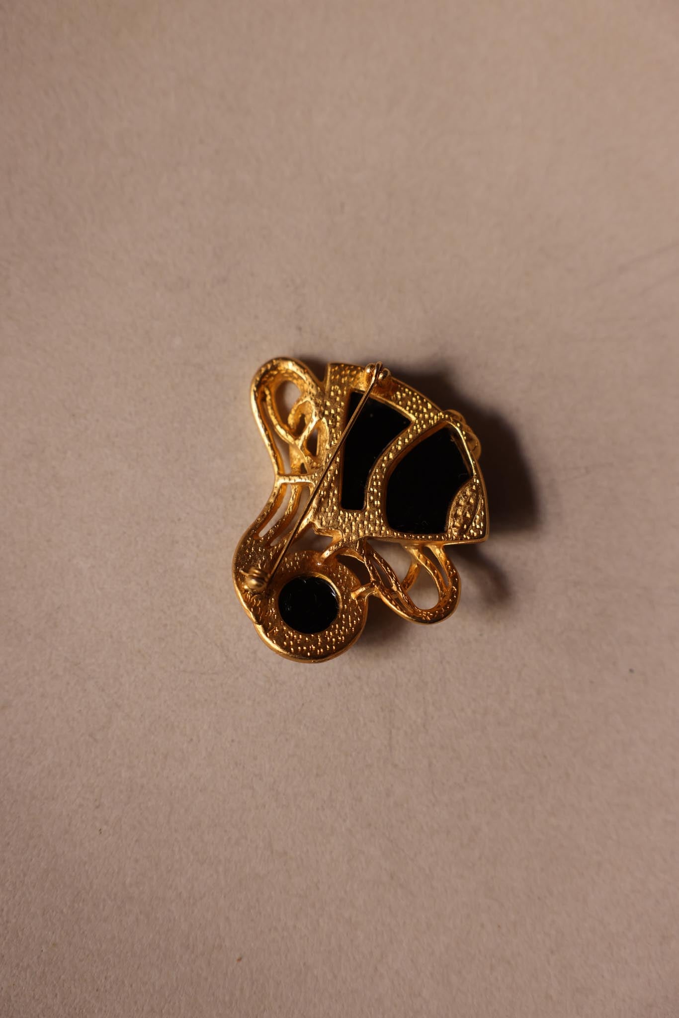 Matte Gold Abstract Brooch with Black and Silver Accents