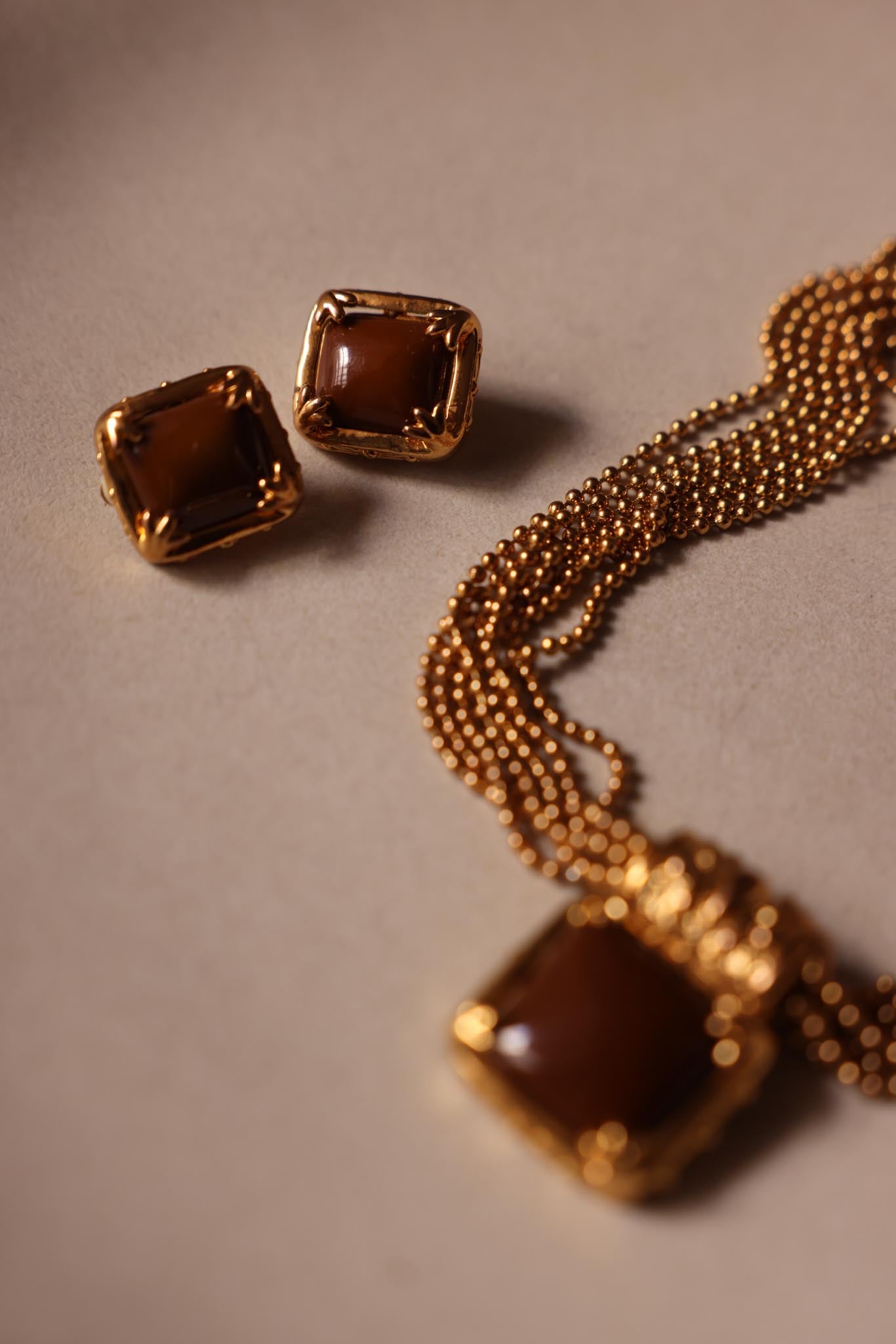Gold-Tone Brown Cabochon Necklace and Clip-On Earrings Set