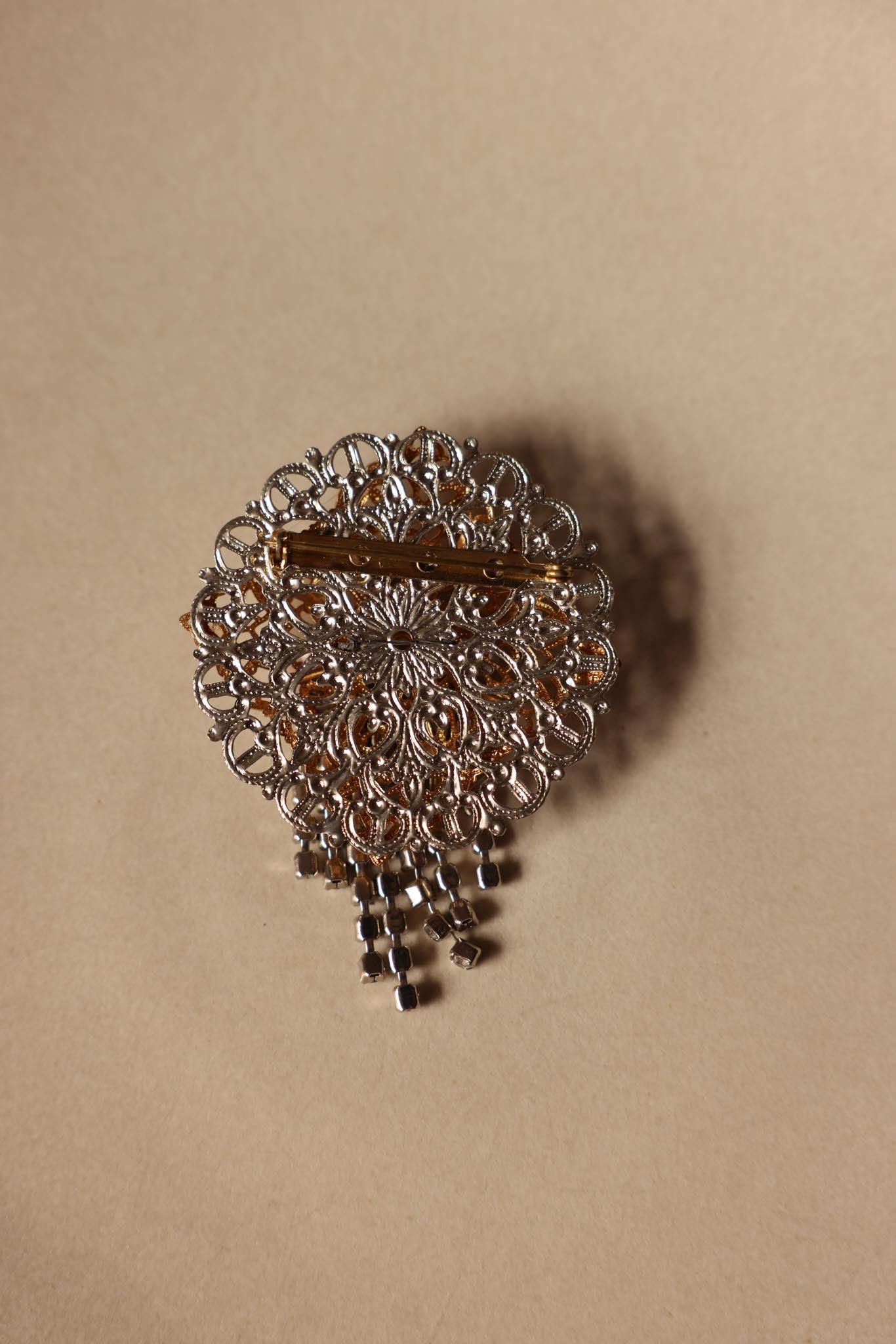 Gold and Silver Filigree Brooch with Rhinestone Fringe