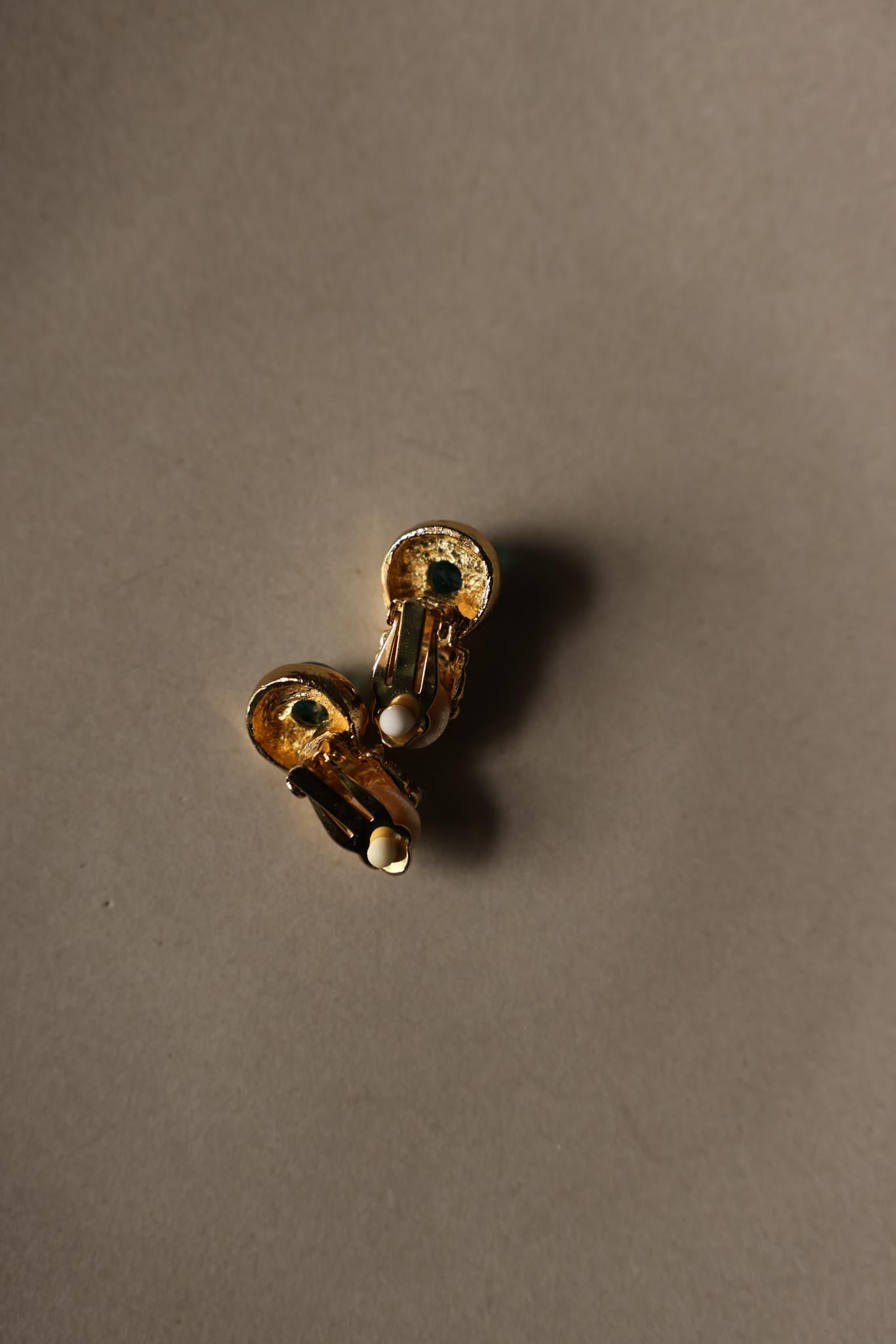 Gold-Tone Green Cabochon Clip-On Earrings with Rhinestone Accents