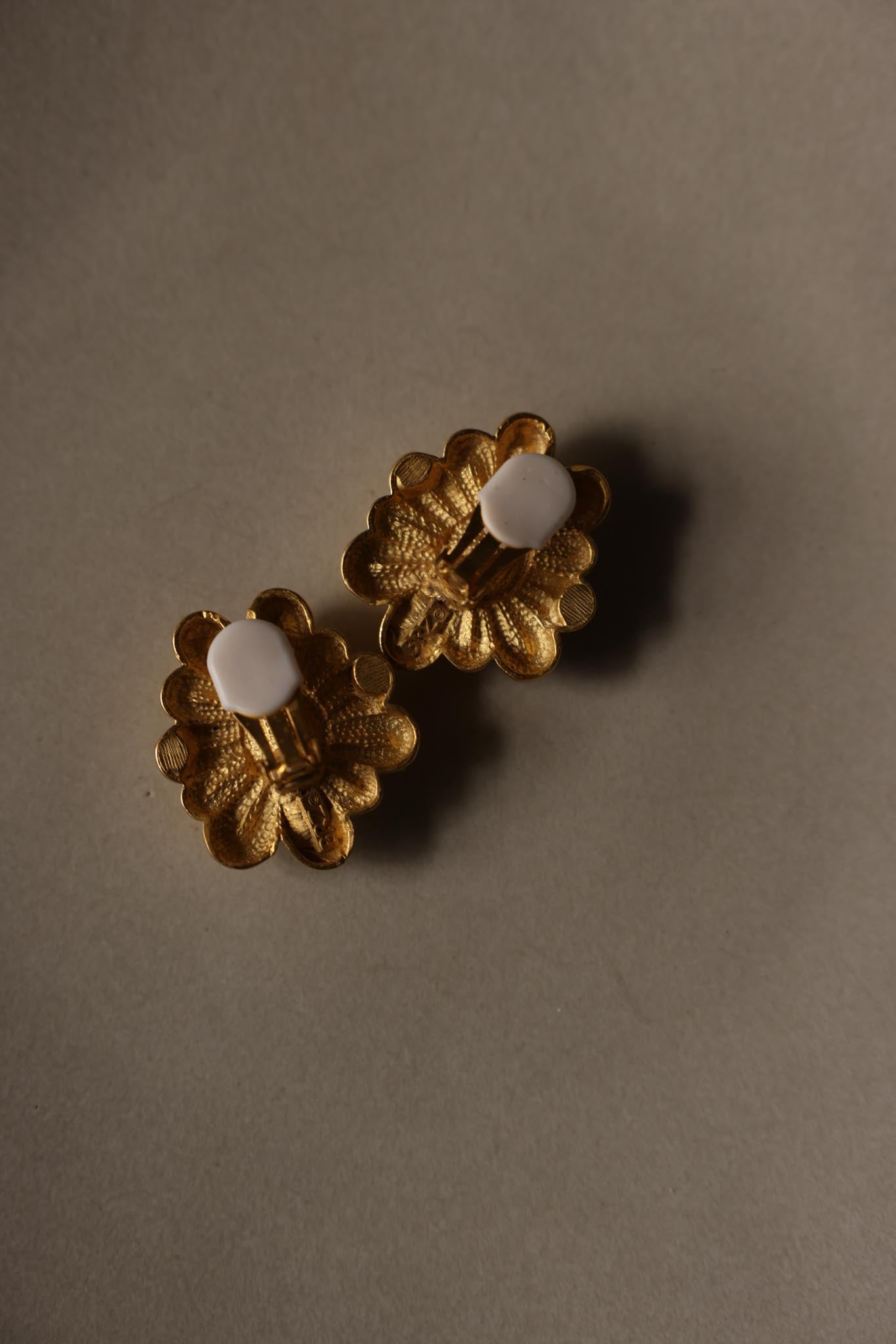 1980s Gold-Plated Floral Clip-On Earrings with Pink Cabochons