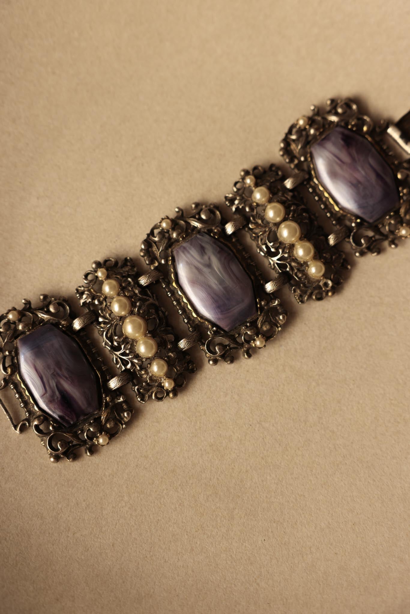 Purple Cabochon Filigree Bracelet with Faux Pearls