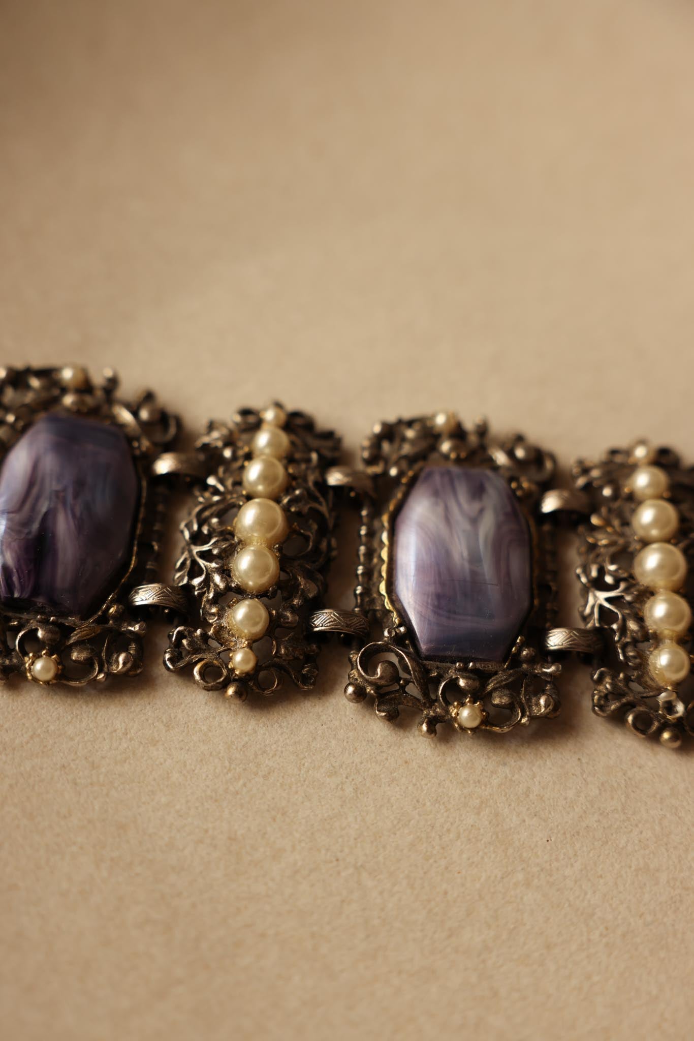 Purple Cabochon Filigree Bracelet with Faux Pearls