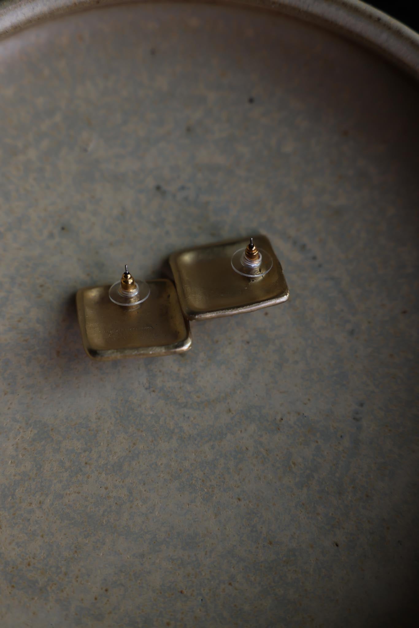 Matte Gold Square Pierced Earrings with Blue Cabochon Centers