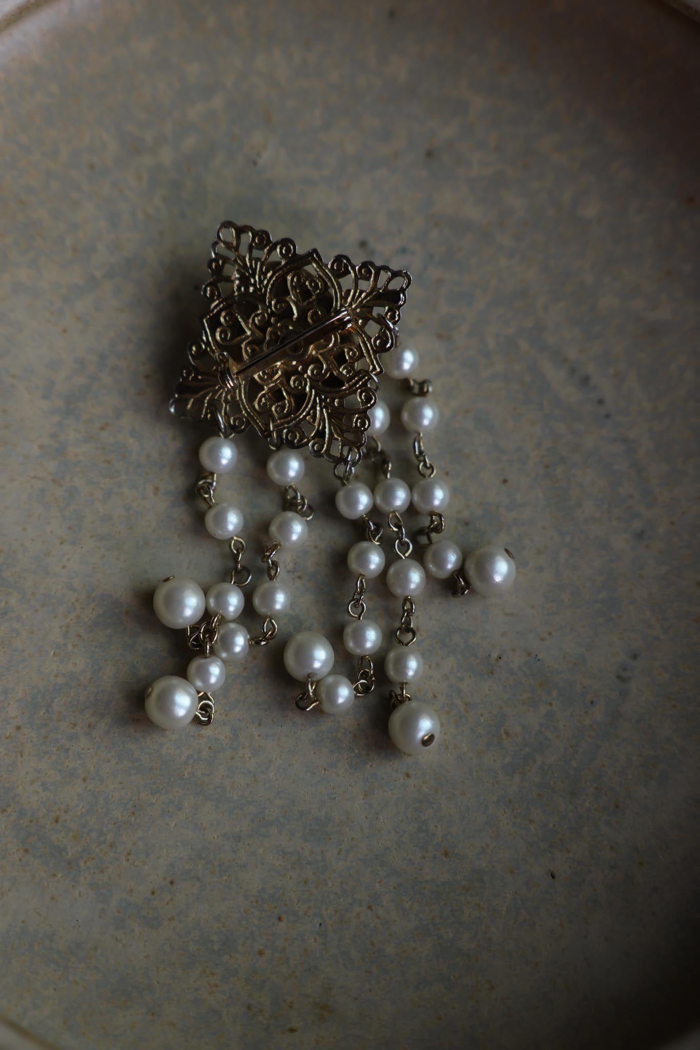 Gold-Tone Filigree Brooch with Faux Pearl Drops
