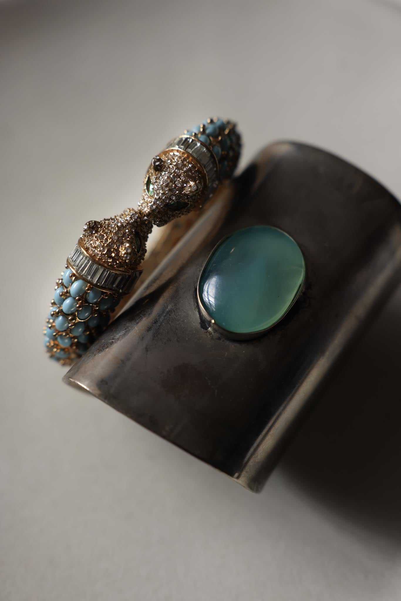 Turquoise & Crystal Panther Hinged Enamel Bangle|Vintage Baazaar
