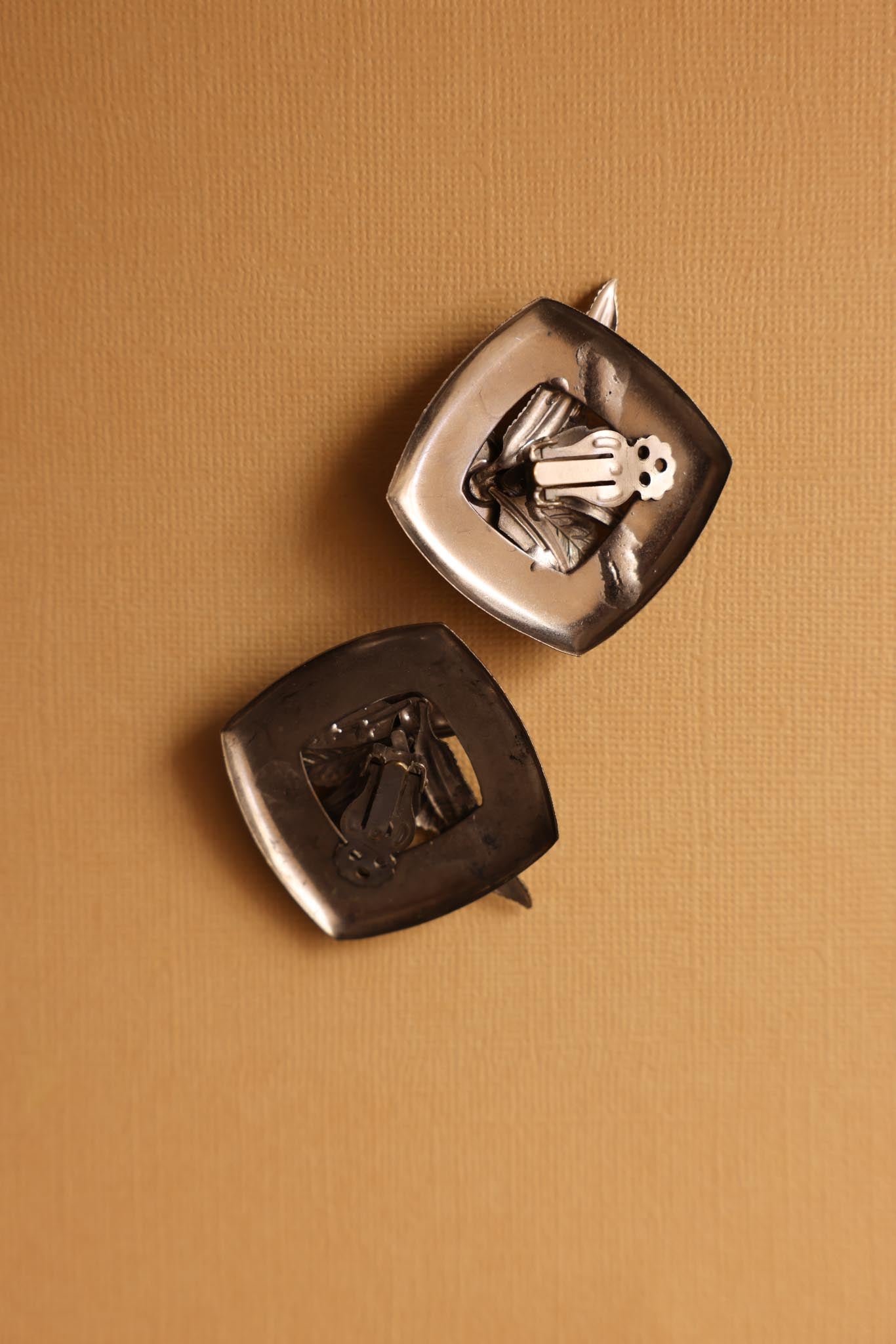 Silver Leaf Clip-On Earrings with Black Cabochons|Vintage Baazaar