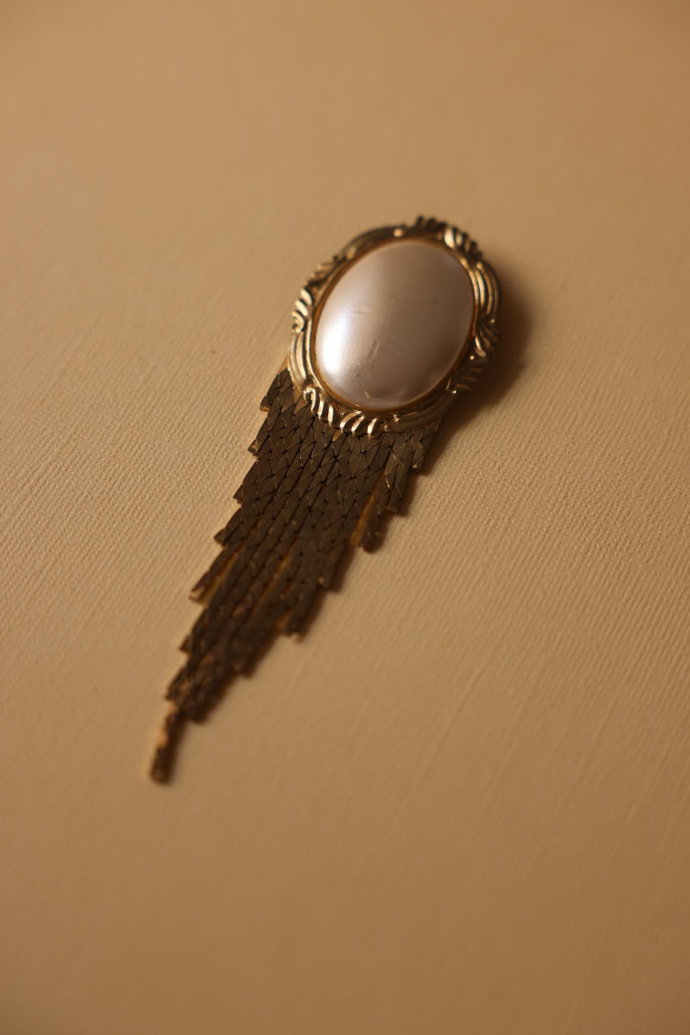 Gold Fringe Brooch with Faux Pearl Center|Vintage Baazaar