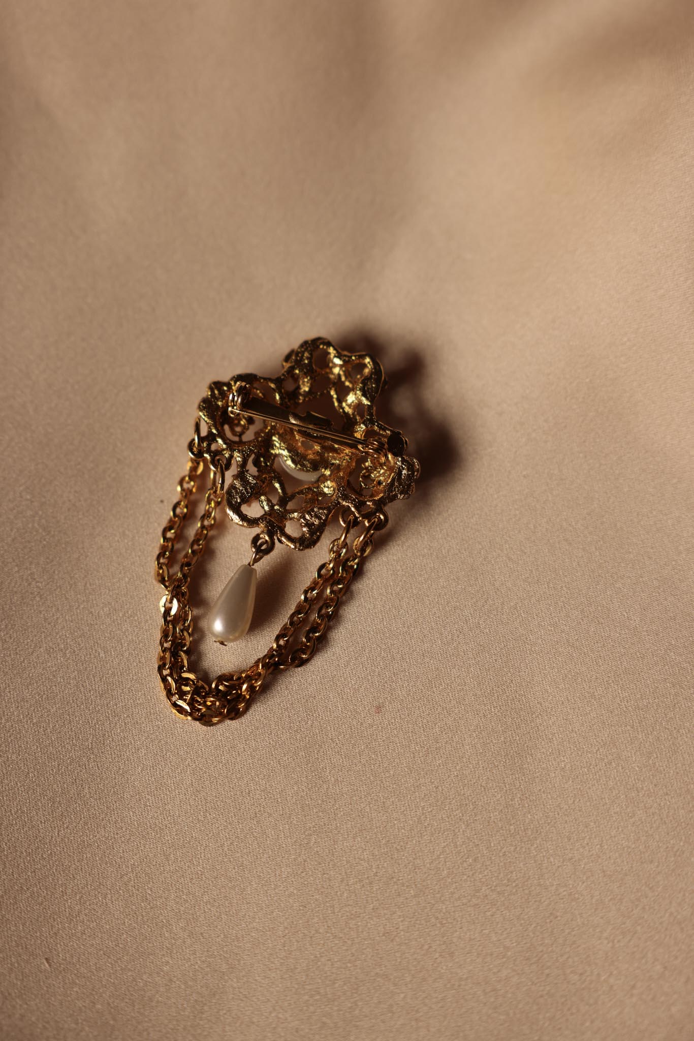 Victorian-Style Filigree Brooch with Faux Pearls and Chain Drapes