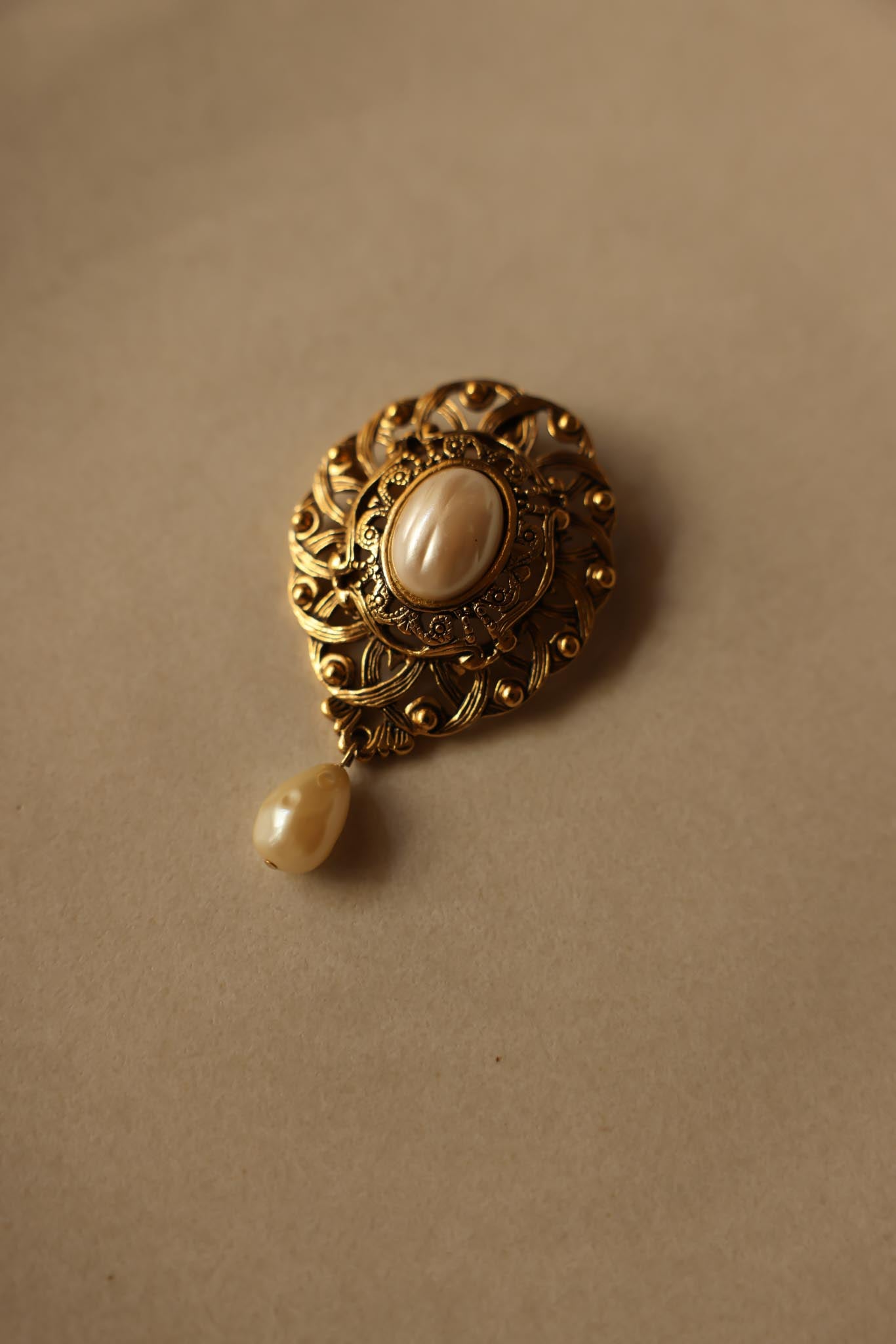 Gold-Tone Brooch with Faux Pearl and Teardrop Accent