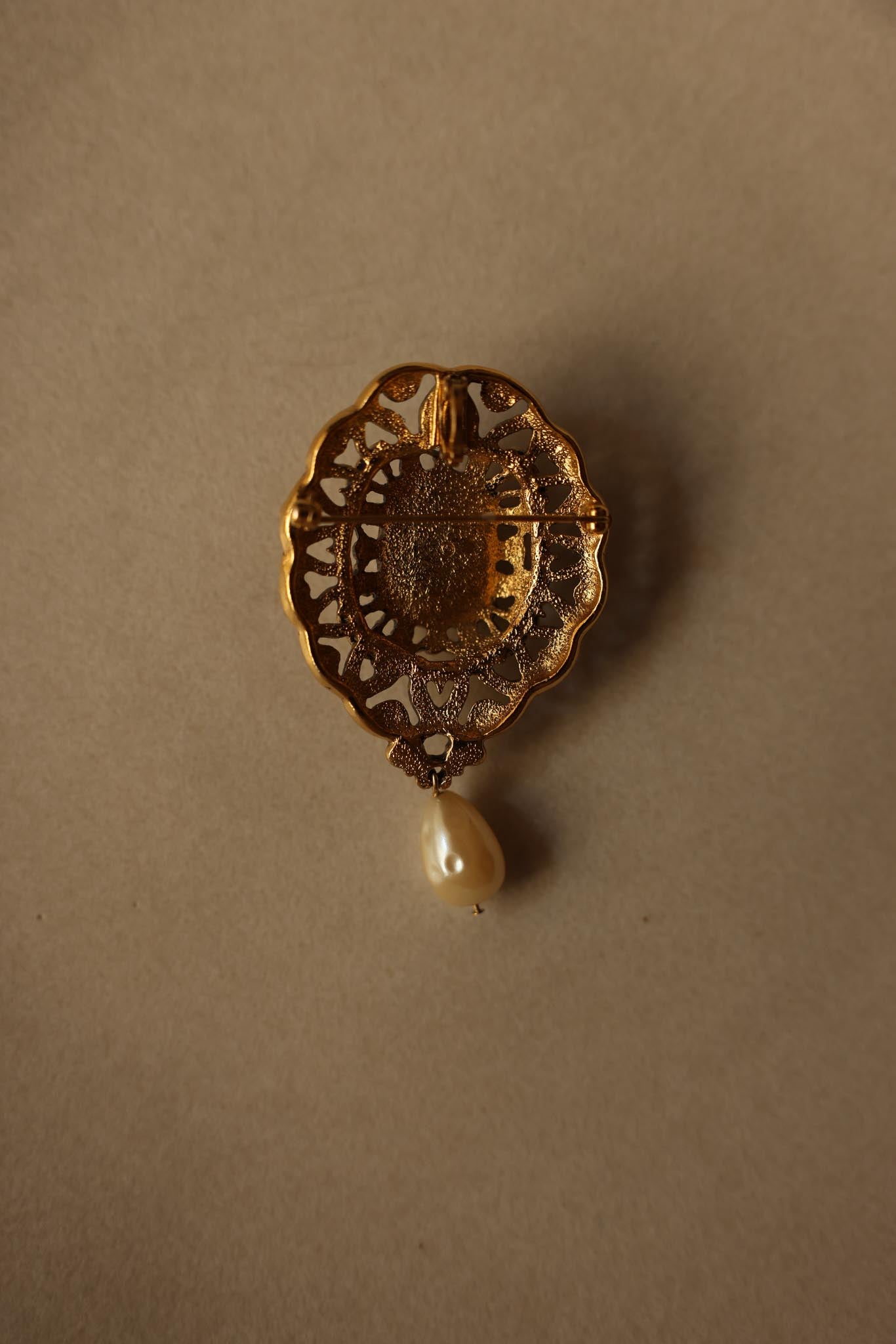 Gold-Tone Brooch with Faux Pearl and Teardrop Accent