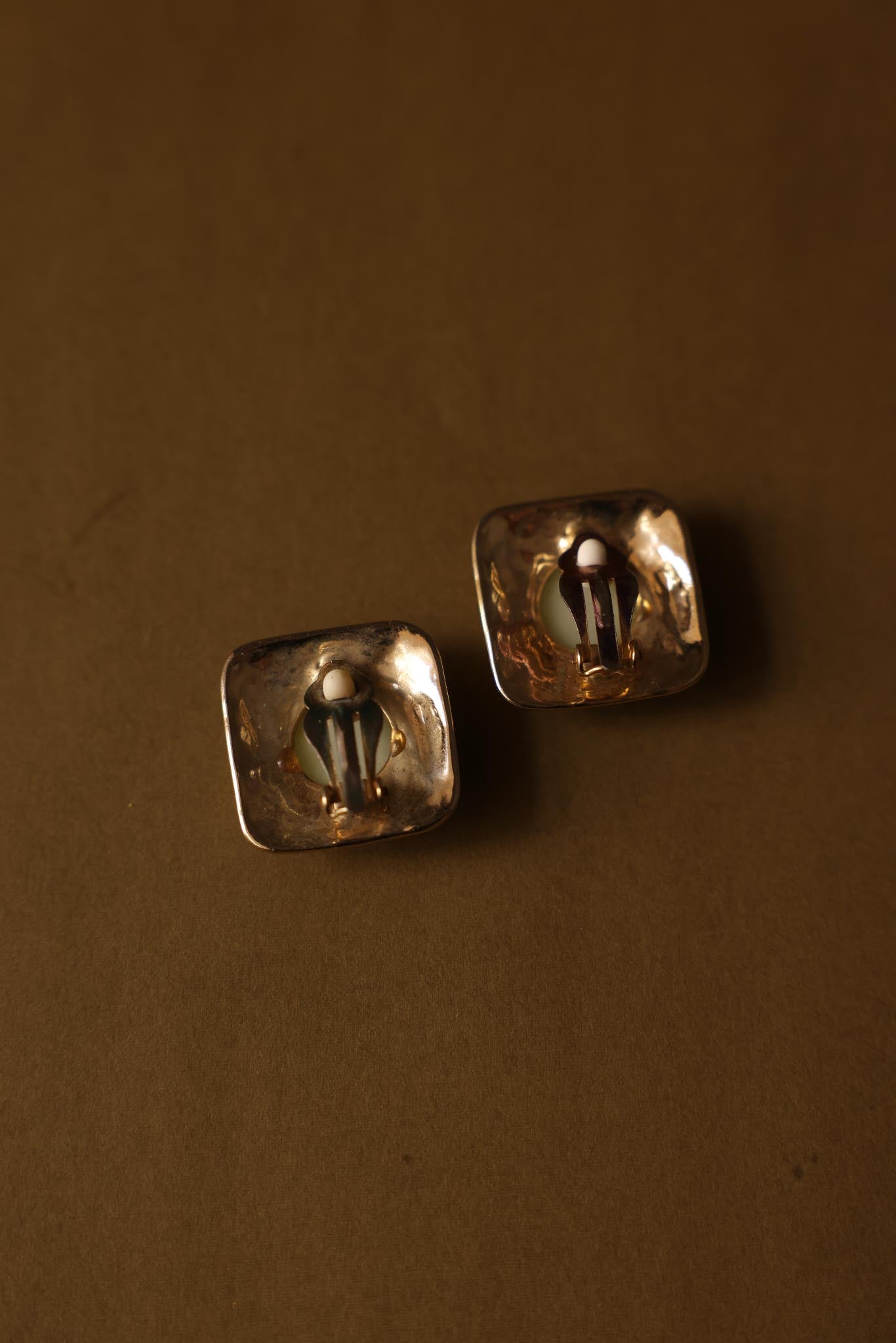 Square Gold-Tone Clip-On Earrings with Green Center|Vintage Baazaar