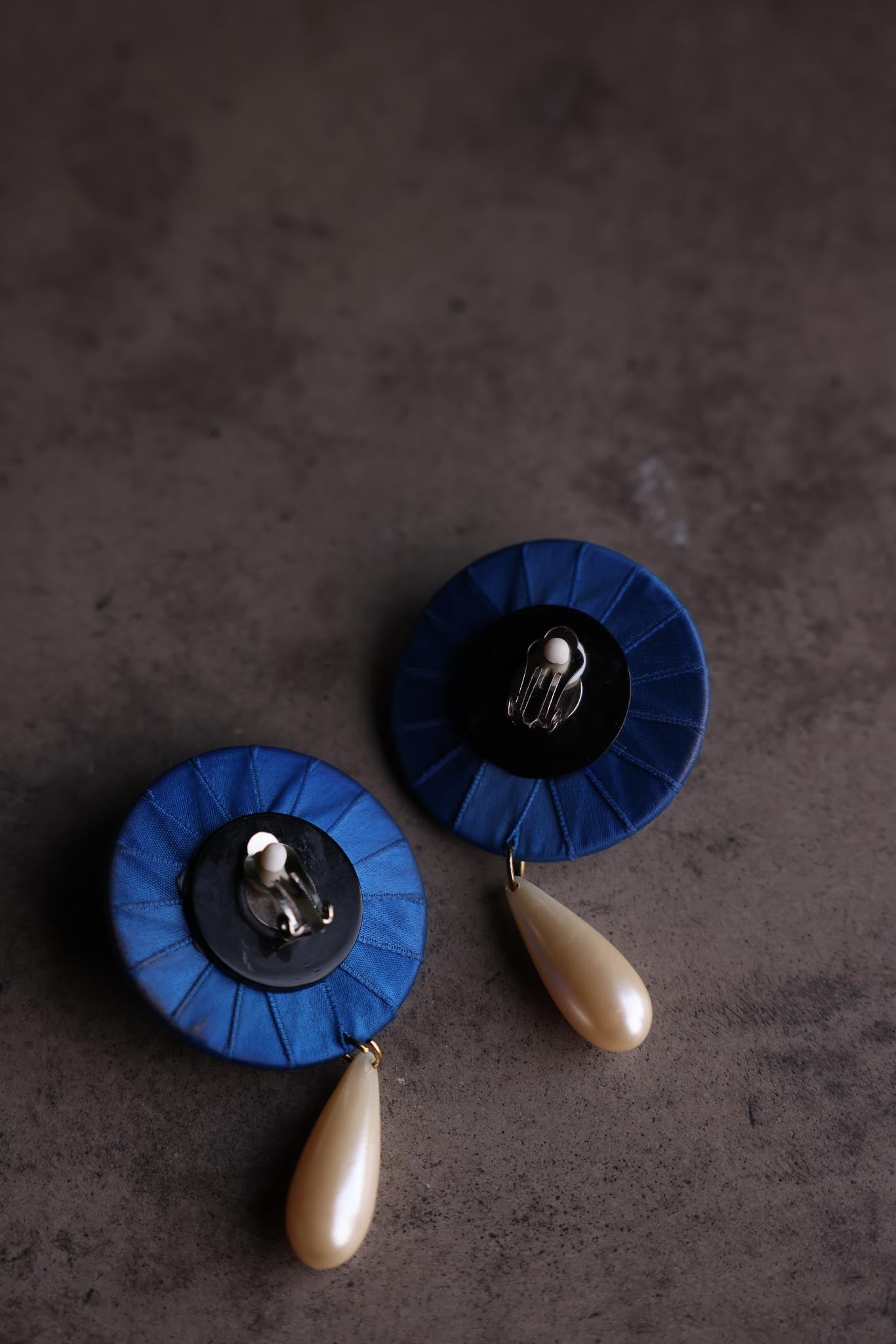 Blue Satin Clip-On Earrings with Faux Pearl Drops