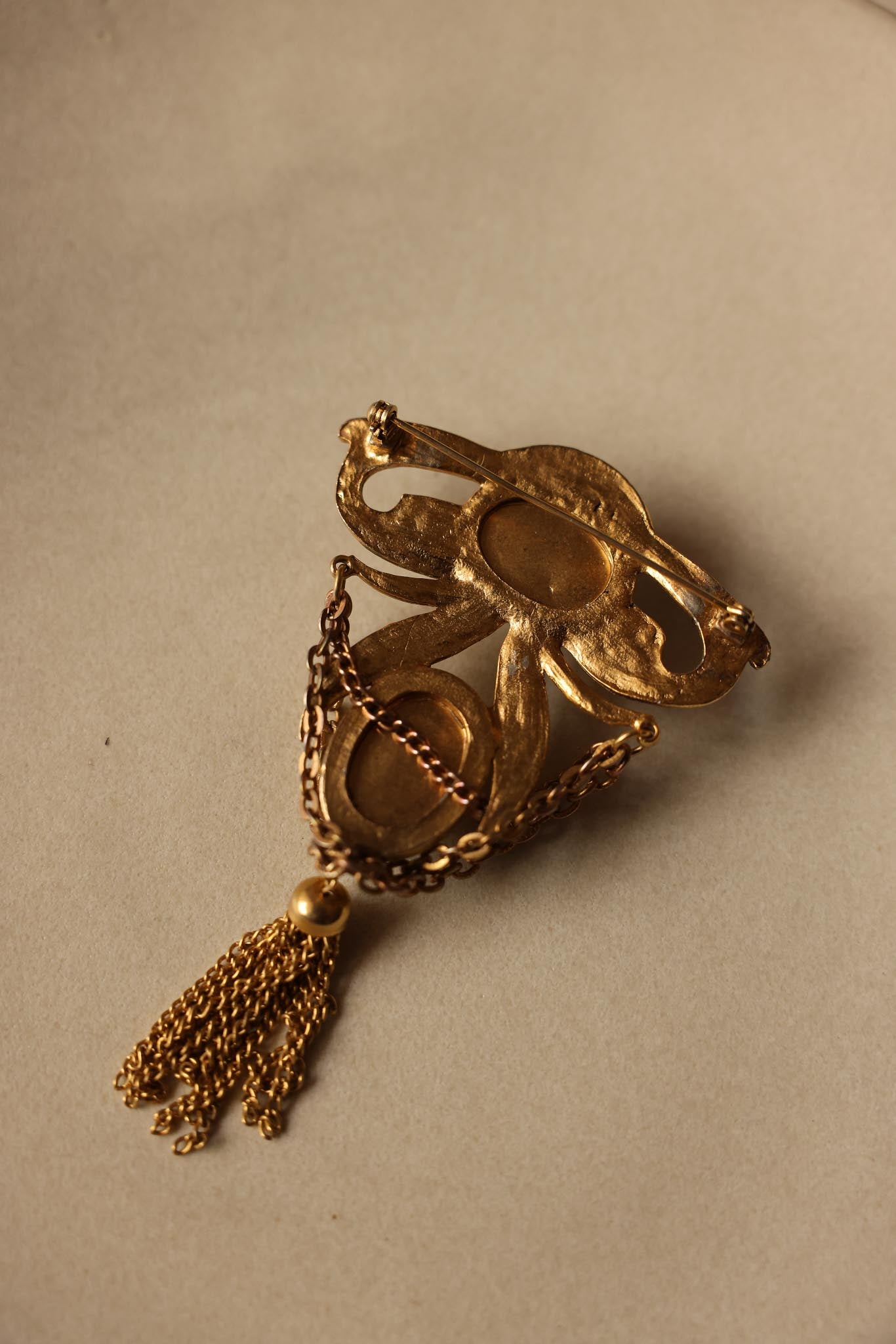 Gold Tone Faux Pearl Brooch with Chain and Tassel