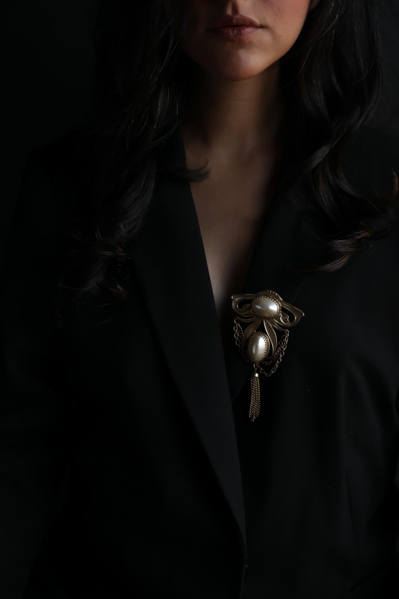 Gold Tone Faux Pearl Brooch with Chain and Tassel