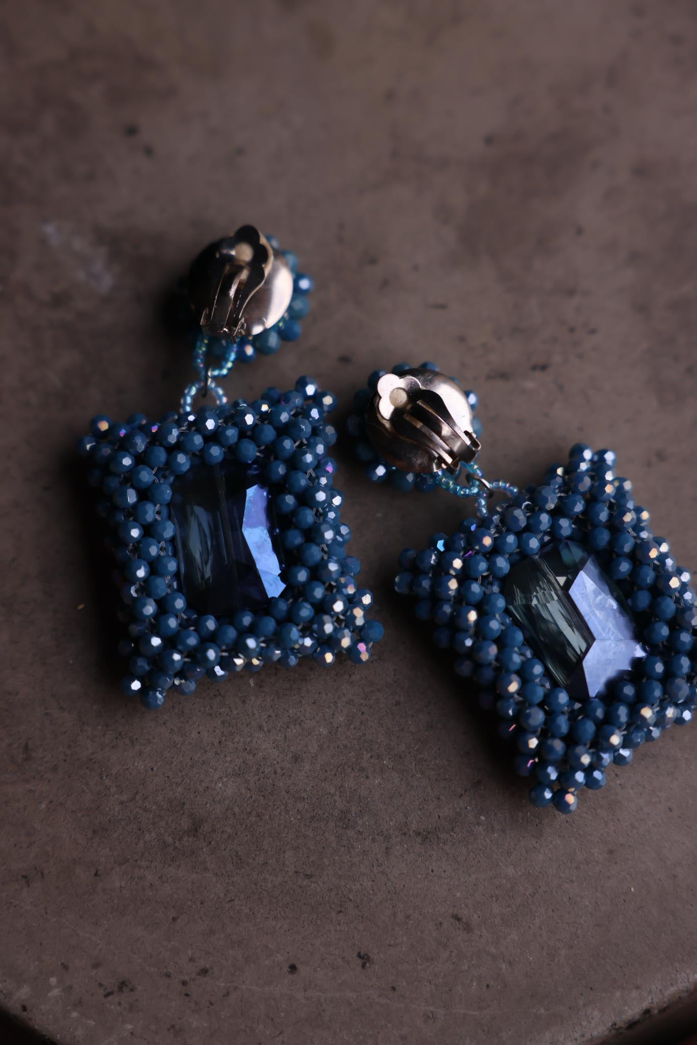 Azure Crystal Beaded Statement Earrings (Clip-On)