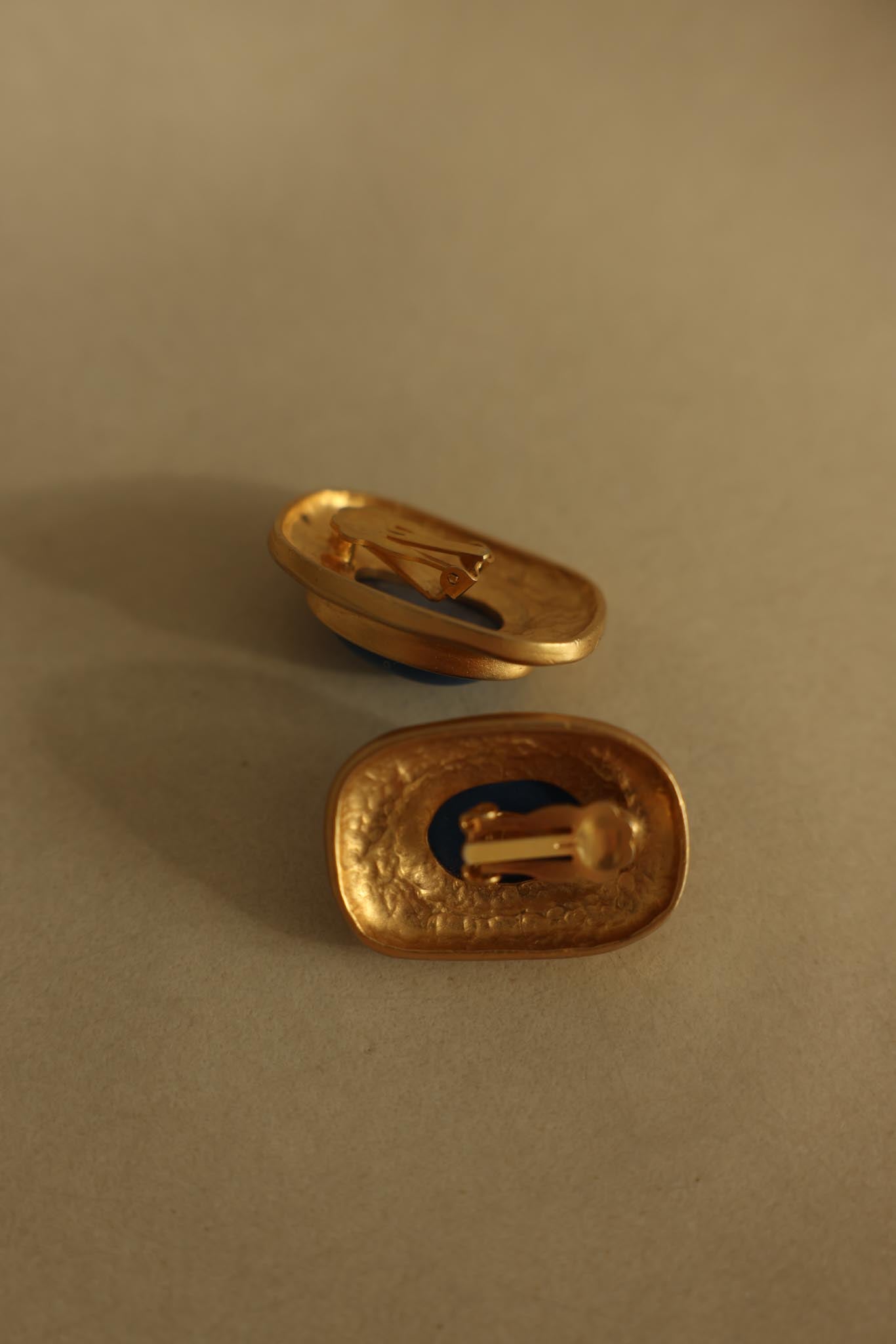 Matte Gold & Blue Cabochon Clip-On Earrings-1960s