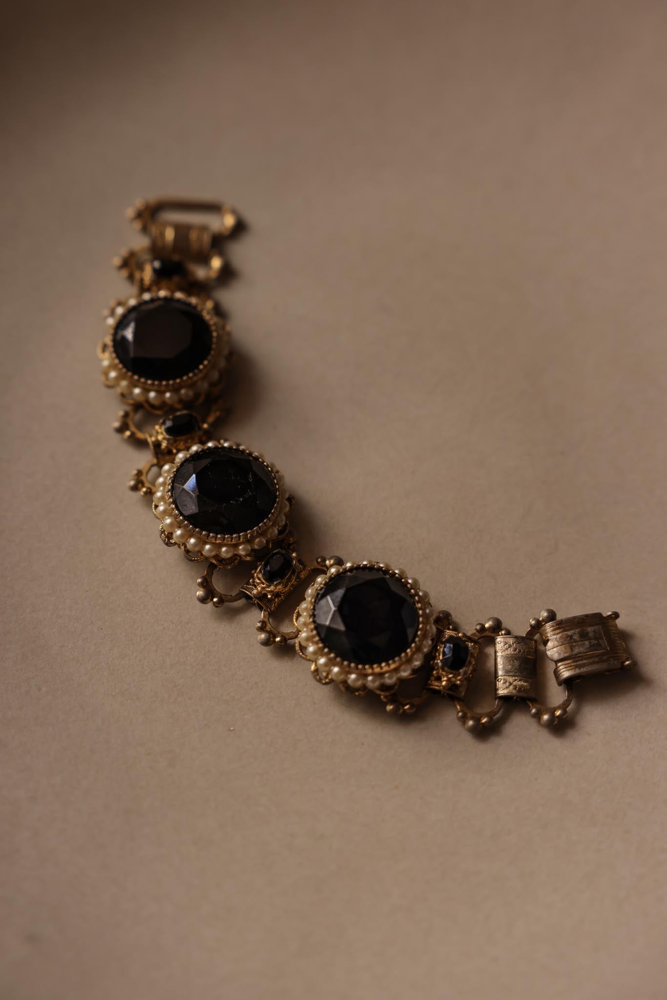 Baroque Revival Bracelet with Black Centers and Faux Pearls|Vintage Baazaar