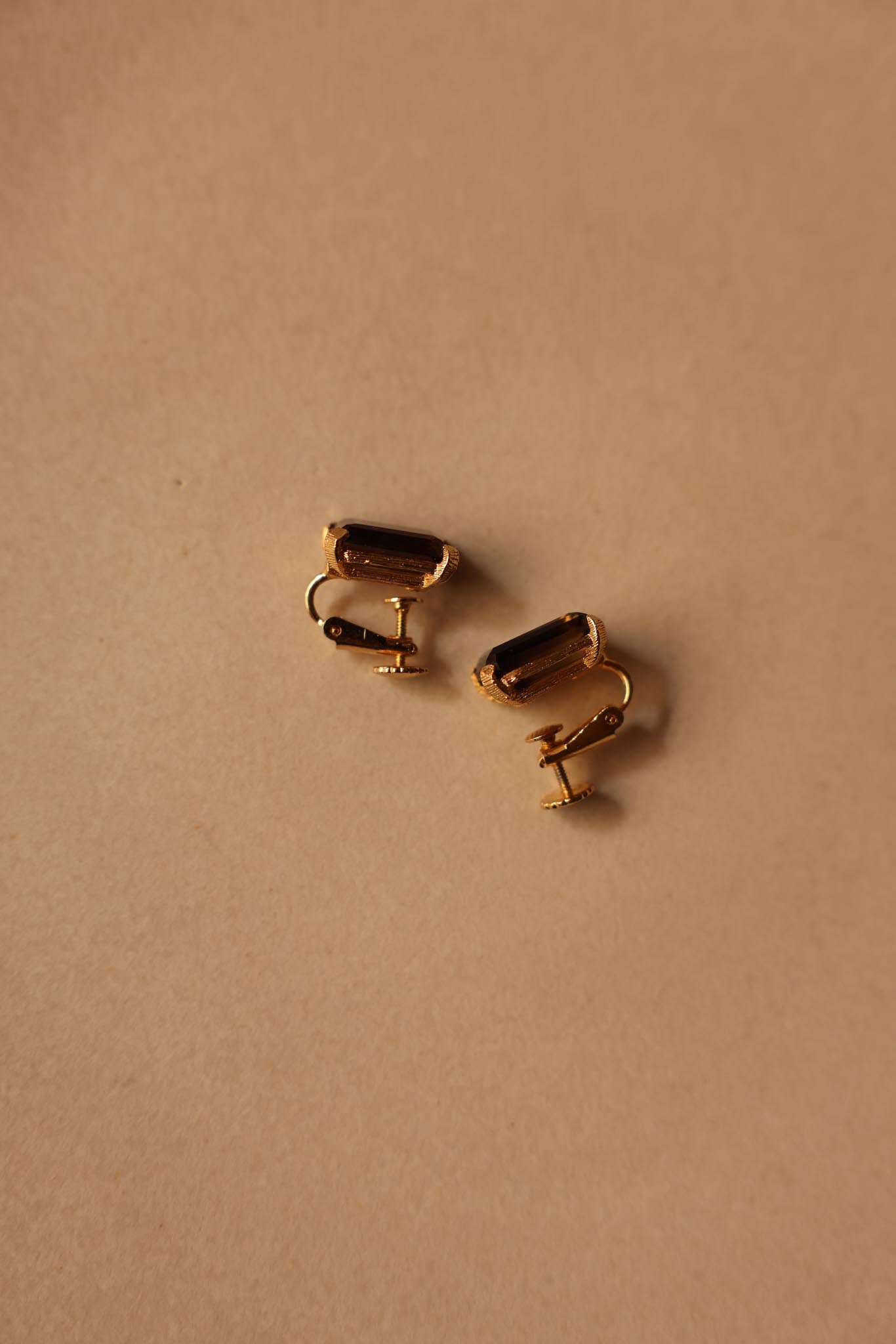 Emerald-Cut Brown Gemstone Screw-Back Earrings|Vintage Baazaar