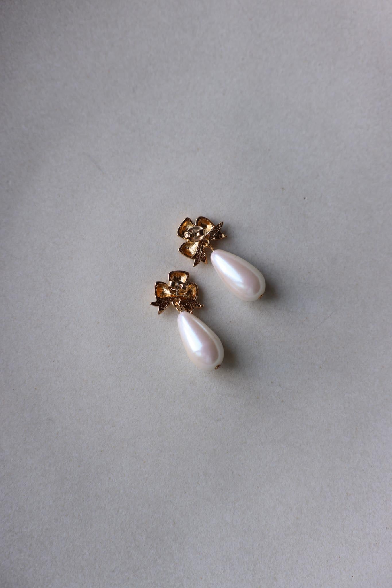Gold-Tone Bow Faux Pearl Drop Earrings