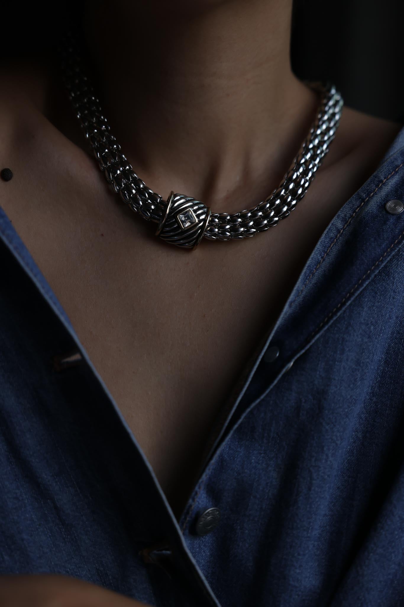 Silver-Tone Mesh Collar Necklace With Rhinestone Clasp