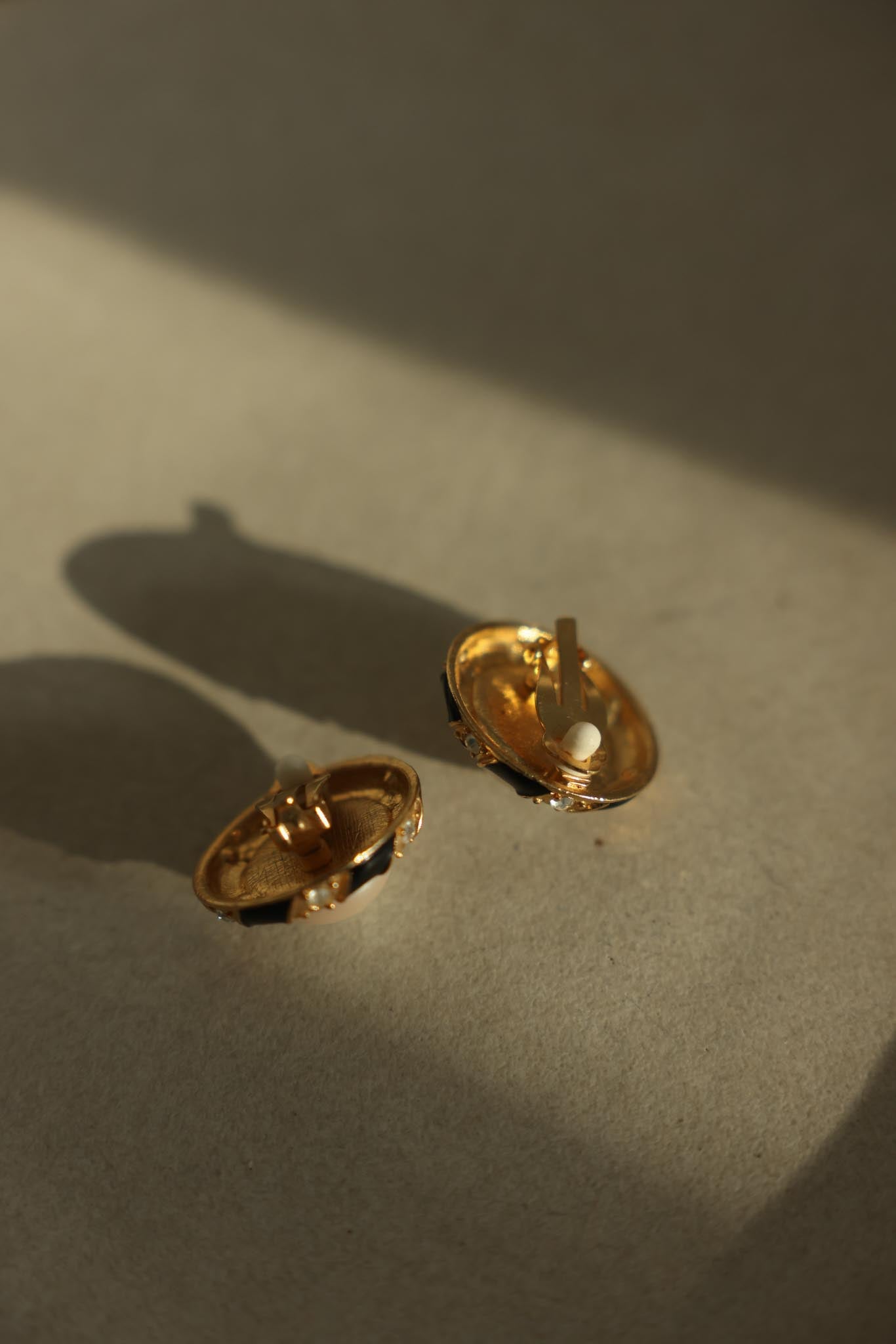 Gold-Tone Black Enamel Pearl Rhinestone Clip-On Earrings