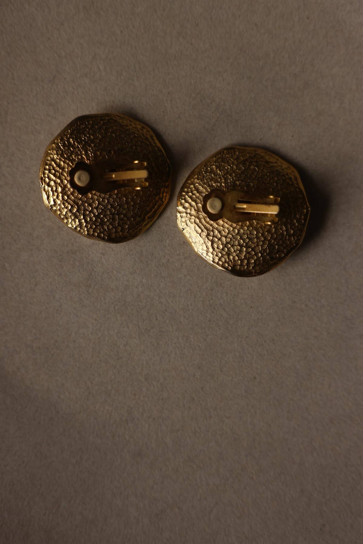 Gold Tone Hammered Round Clear Rhinestone Statement Clip-On Earrings