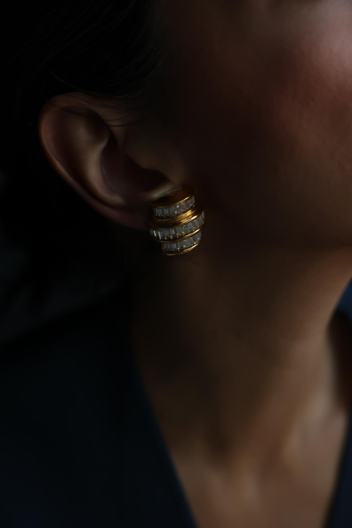 Gold Plated Triple Row Baguette Rhinestone Clip-On Earrings
