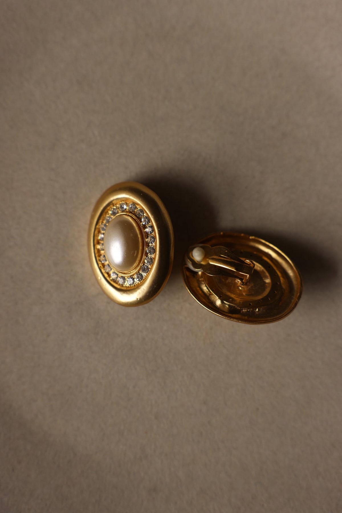 Matte Gold Oval Faux Pearl Rhinestone Clip-On Earrings